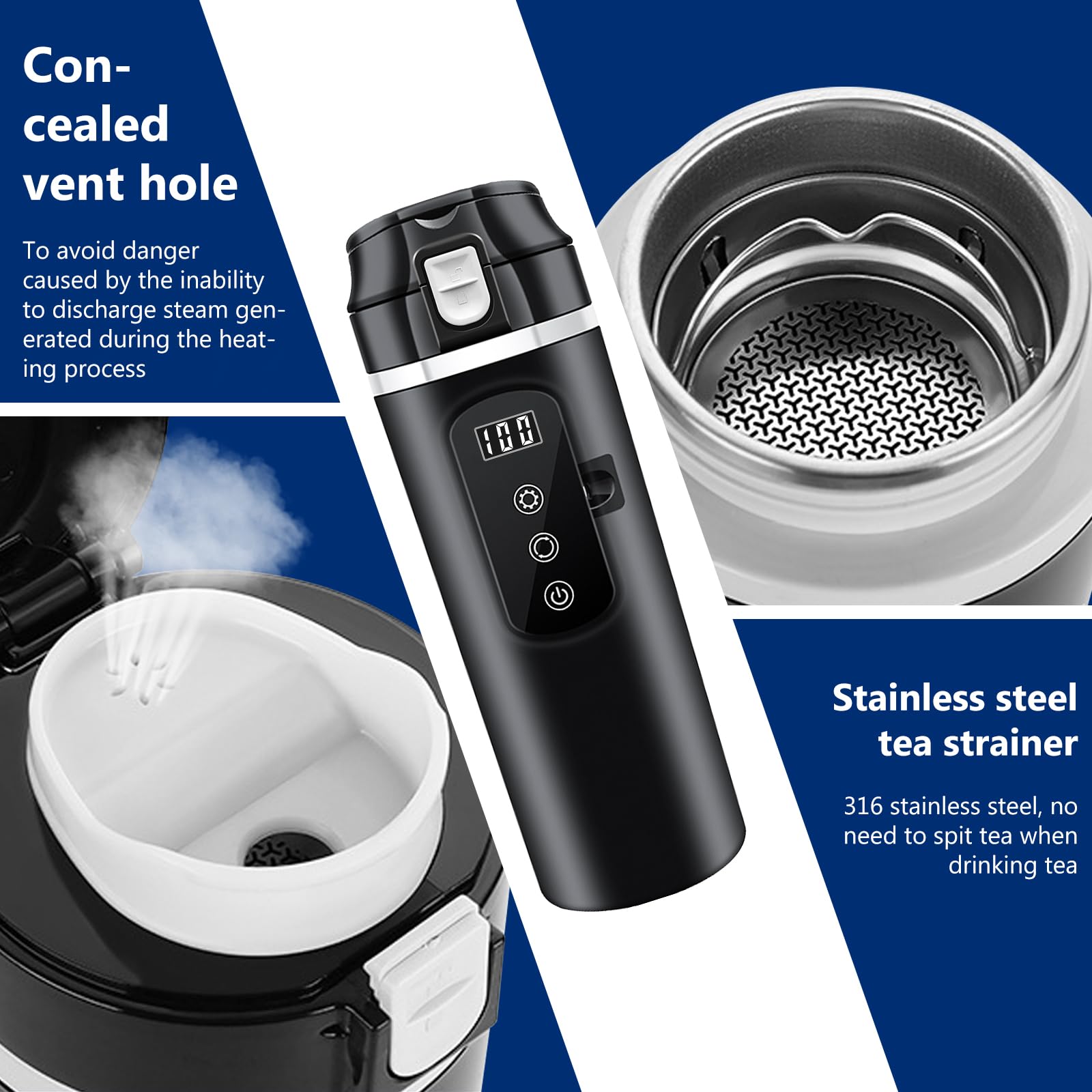 Vegena Tasse d'eau Chauffée pour Véhicule 12V/24V Bouilloire Électrique De Voyage, Bouilloire Électrique pour Voiture en Acier Inoxydable Tasse Chauffante De Voiture pour Voiture, Camion