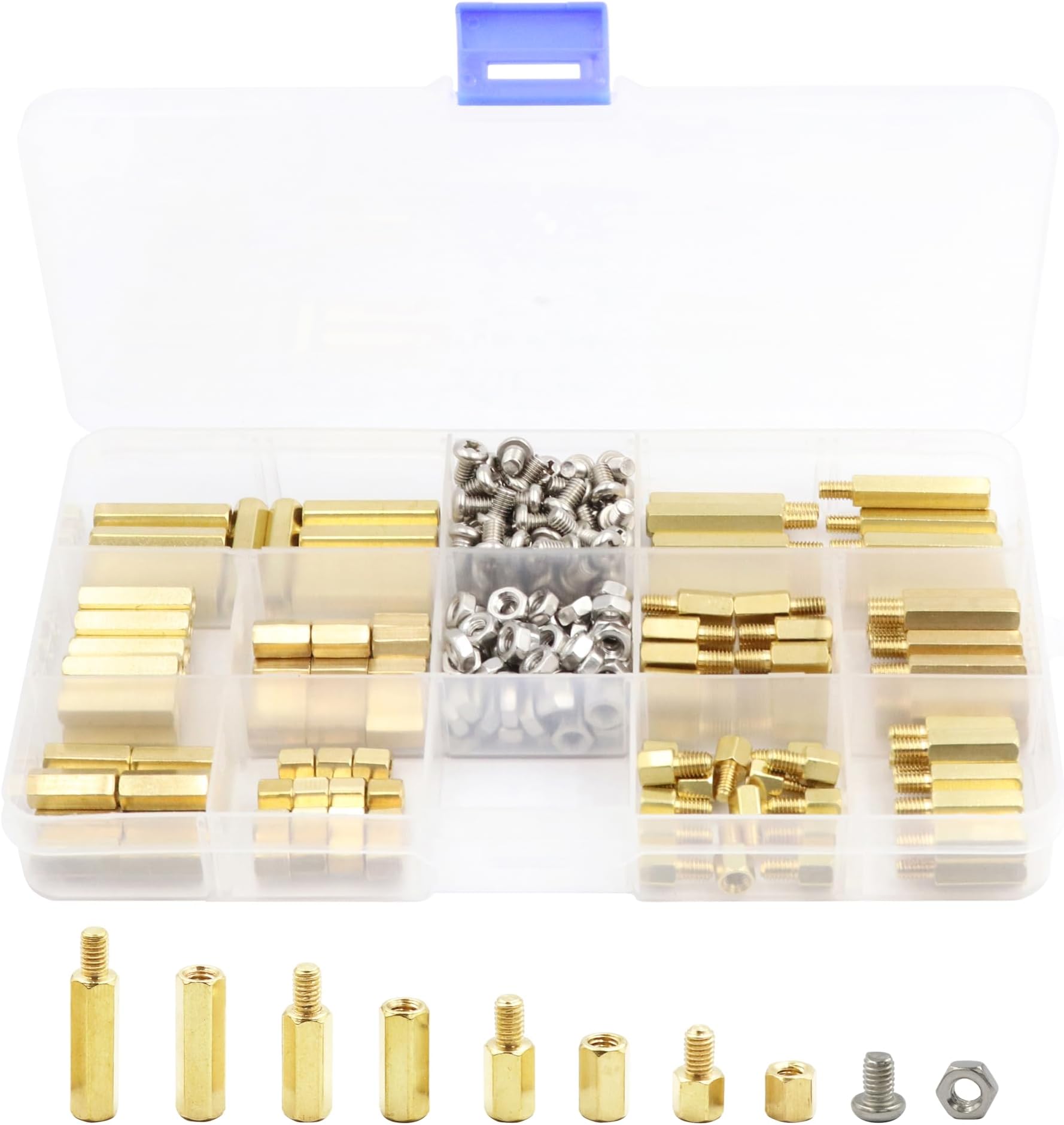 LBY 180pcs Male Female Hex Brass Spacer Standoff Screw Nut Assortment Kit, M4 Motherboard Standoffs, 8 Sizes (with Screws & Nuts), Copper (Yellow)