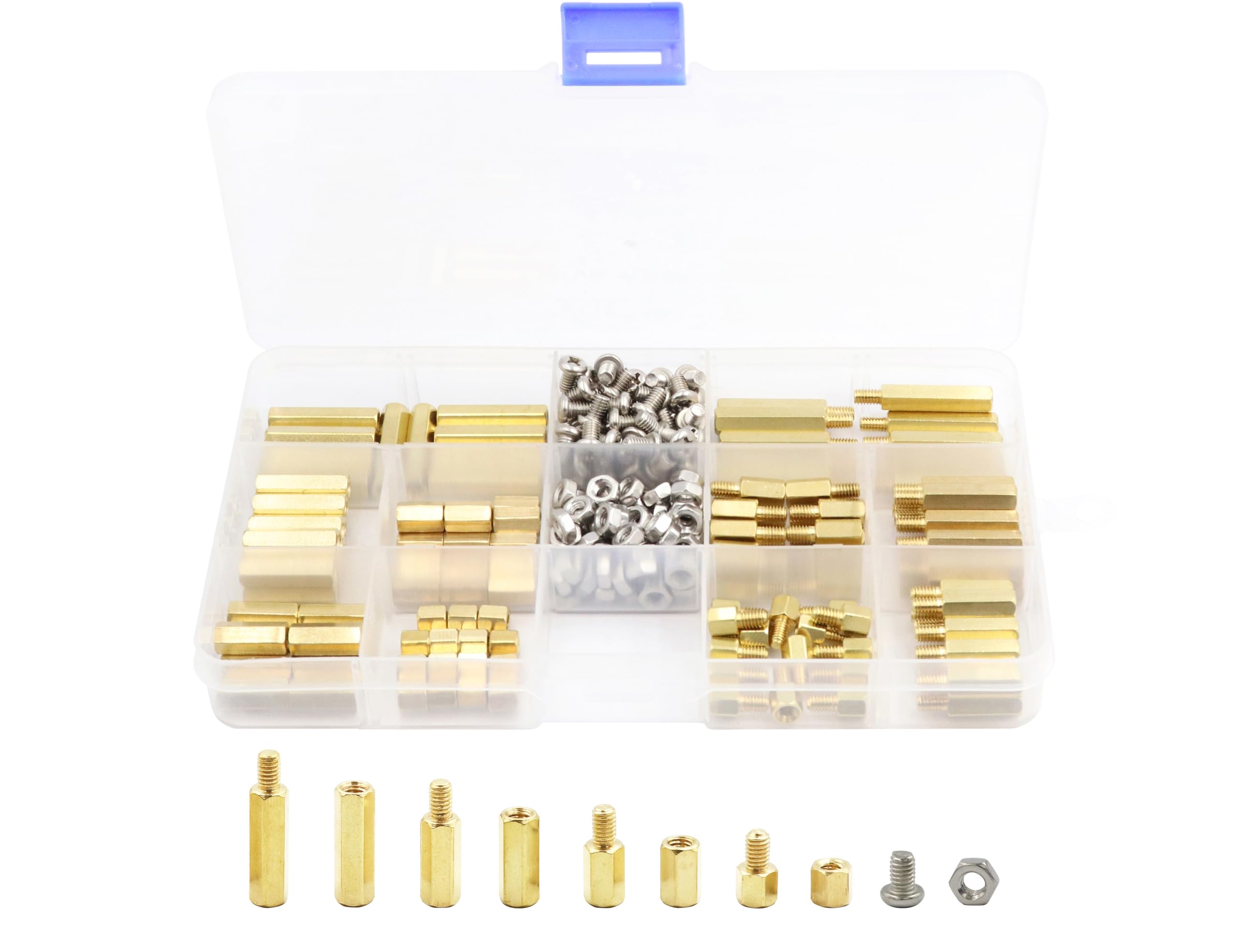 180pcs Male Female Hex Brass Spacer Standoff Screw Nut Assortment Kit, M4 Motherboard Standoffs, 8 Sizes (with Screws & Nuts), Copper (Yellow)