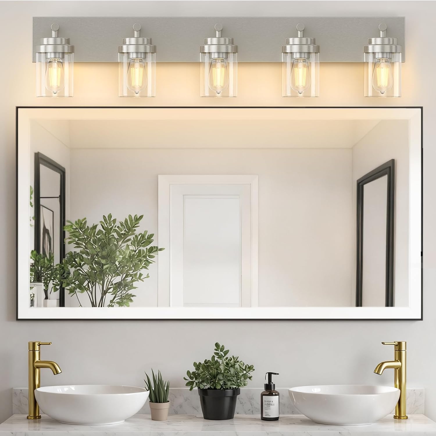 IZORRO Bathroom Vanity Light Fixture, 5-Light 36 Inch Brushed Nickel Bathroom Light Fixtures Over Mirror, with Clear Glass Shade, Modern Farmhouse Vanity Lights, Rustic Restroom Lighting Fixtures