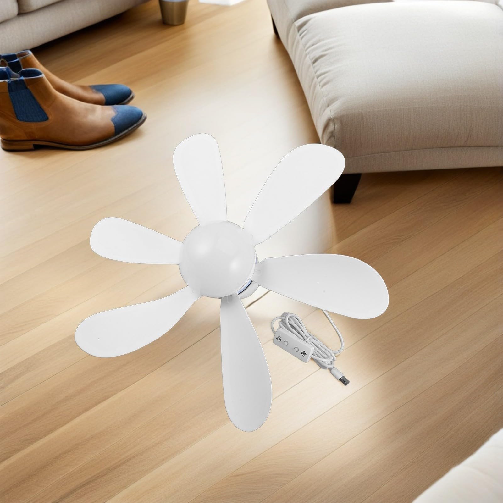 Cabilock Ventilador de Techo Mini Blanco con Luz para Fiesta Verano, Diseño Moderno en Plástico, Cobertura Amplia de Aire y Alimentación USB para Apartamentos Compactos