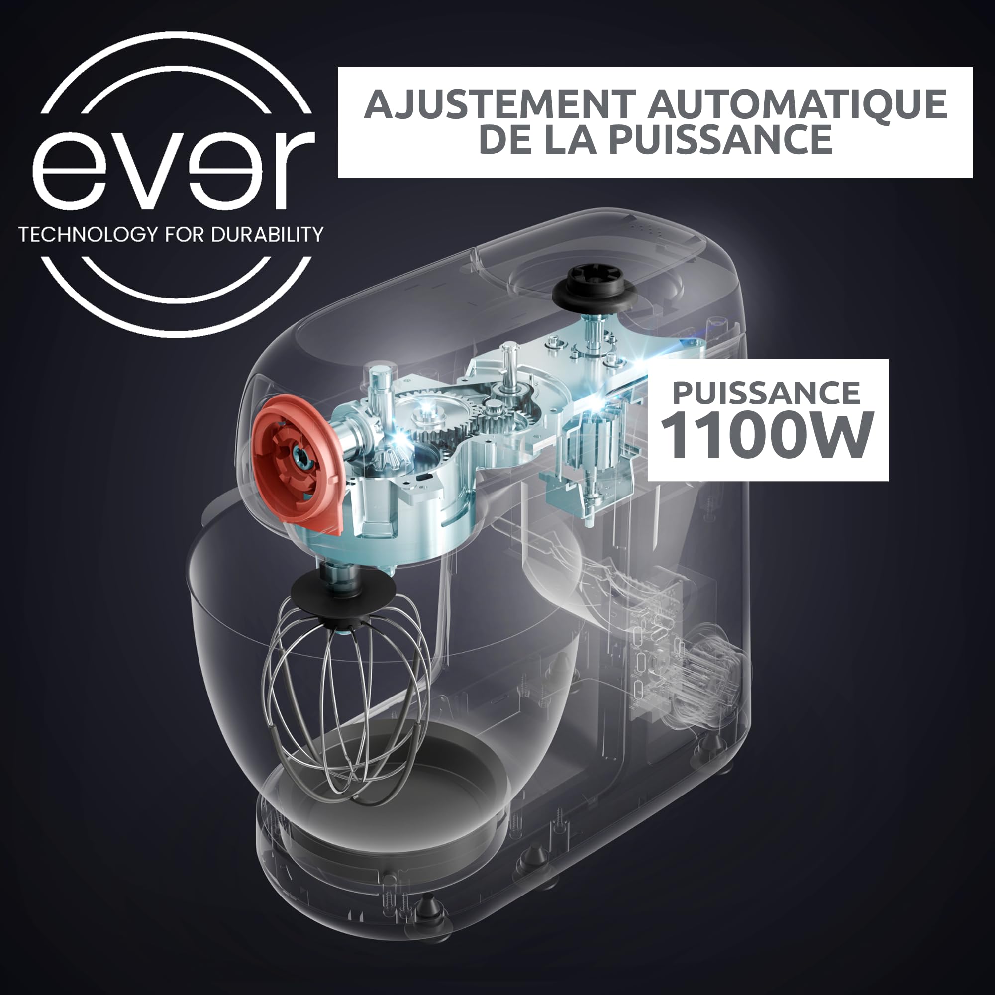 Moulinex Bake Partner, Robot pâtissier, Puissance 1100 W, Bol inox 4,6L, Batteur, Fouet, Pétrin, Blender, Découpe-légumes, Résultat homogène, Noir, QA522810