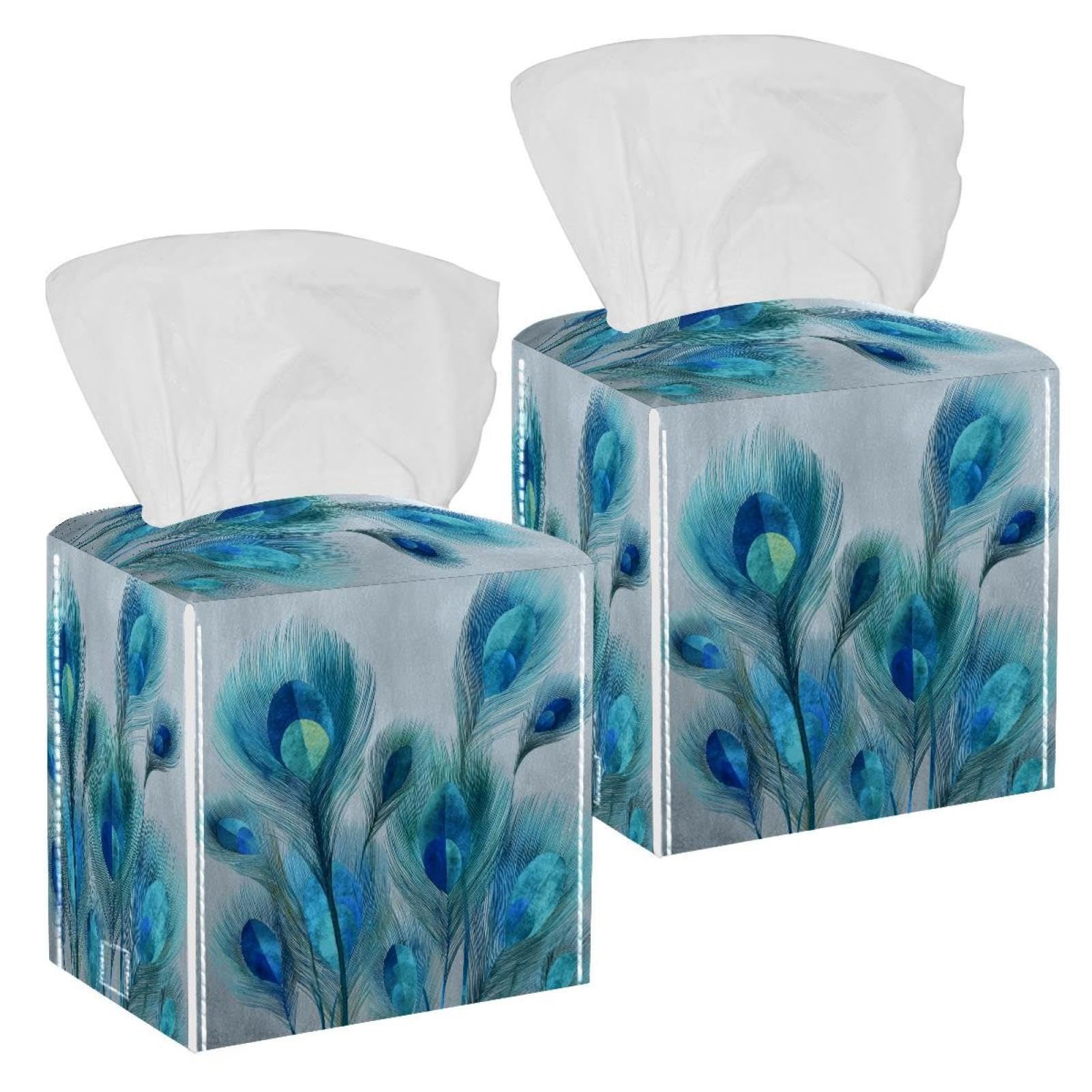 Peacock Feathers Tissue Box Cover, 2 Pack PU Leather Square Facial Tissue Dispenser Box holder for Home Office Car