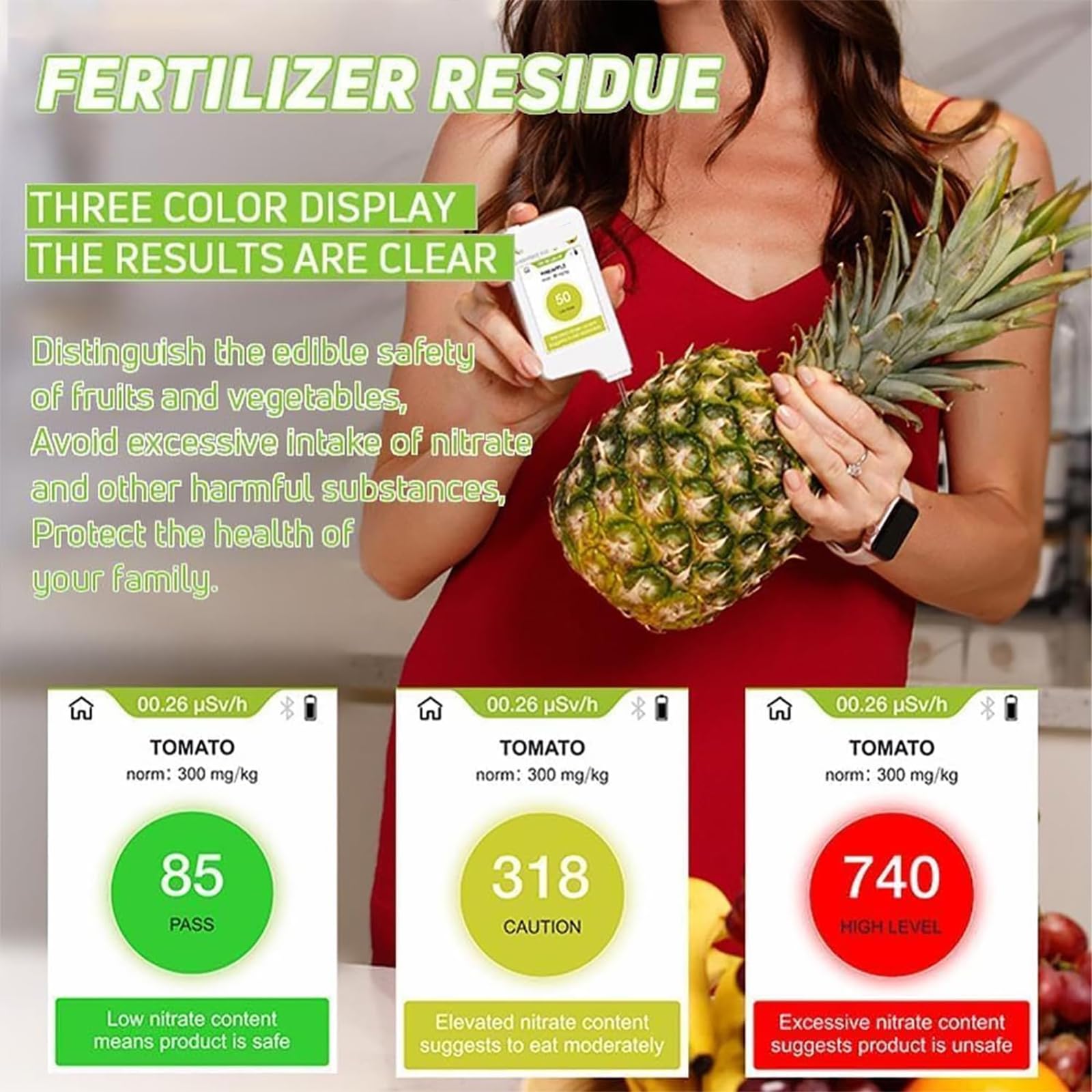 Tester portatile per nitrati alimentari, rilevatore di residui di pesticidi con timer, display a 3 colori e misuratore di radiazioni per frutta, verdura, carne, pesce e acqua