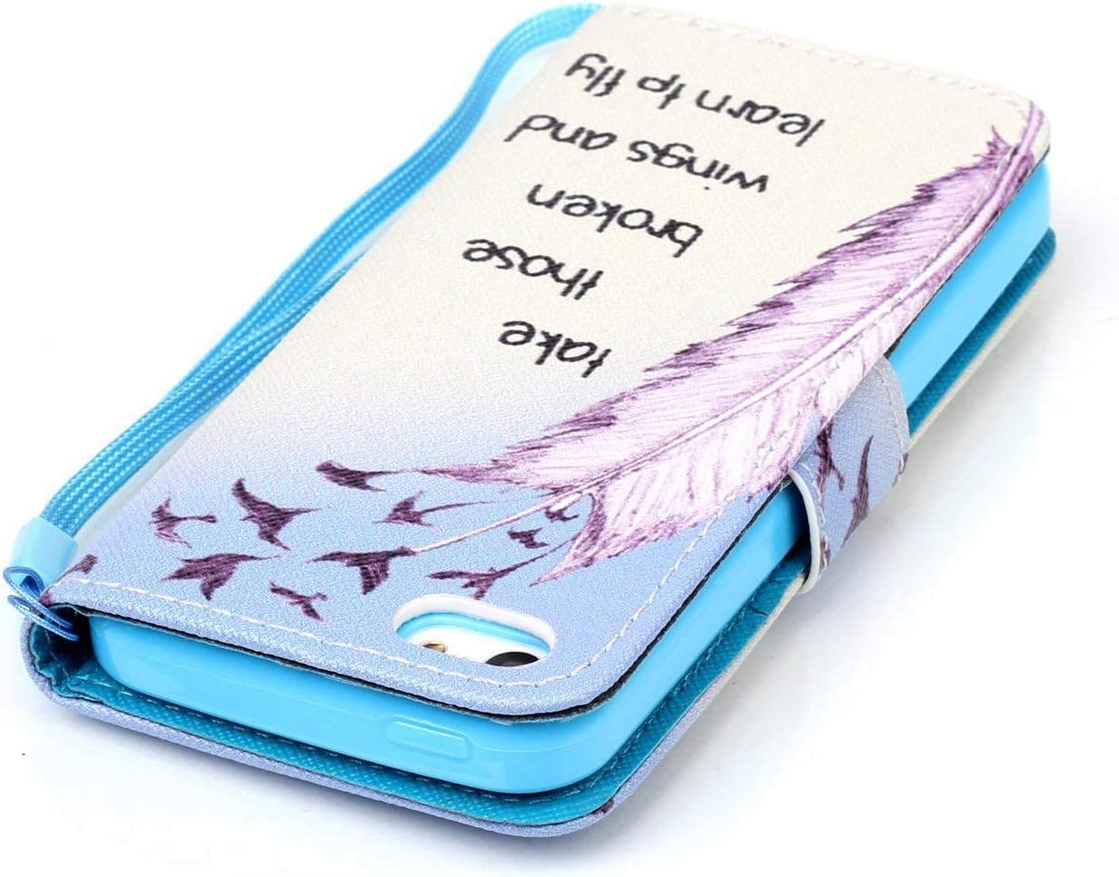 UrSpeedtekLive iPhone 5s Case, iPhone 5 Case, Feather Pattern Premium PU Leather Flip Wristlet Wallet Case Cover for Apple iPhone 5/5s/SE (Built-in Credit Card/ID Card Slot)