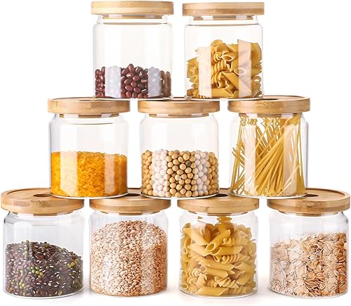 9 tarros de vidrio herméticos con tapas de bambú, tarros de almacenamiento de alimentos de 16 onzas, recipientes de cocina transparentes de vidrio