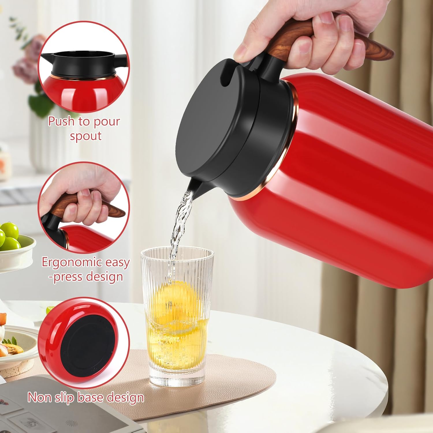 68oz Coffee Carafe, Stainless Steel Vacuum Insulated, Carafes for Keeping Hot, Large Carafes for Iced/Hot Coffee, Tea, Cold Brew, Cappuccino(Red)