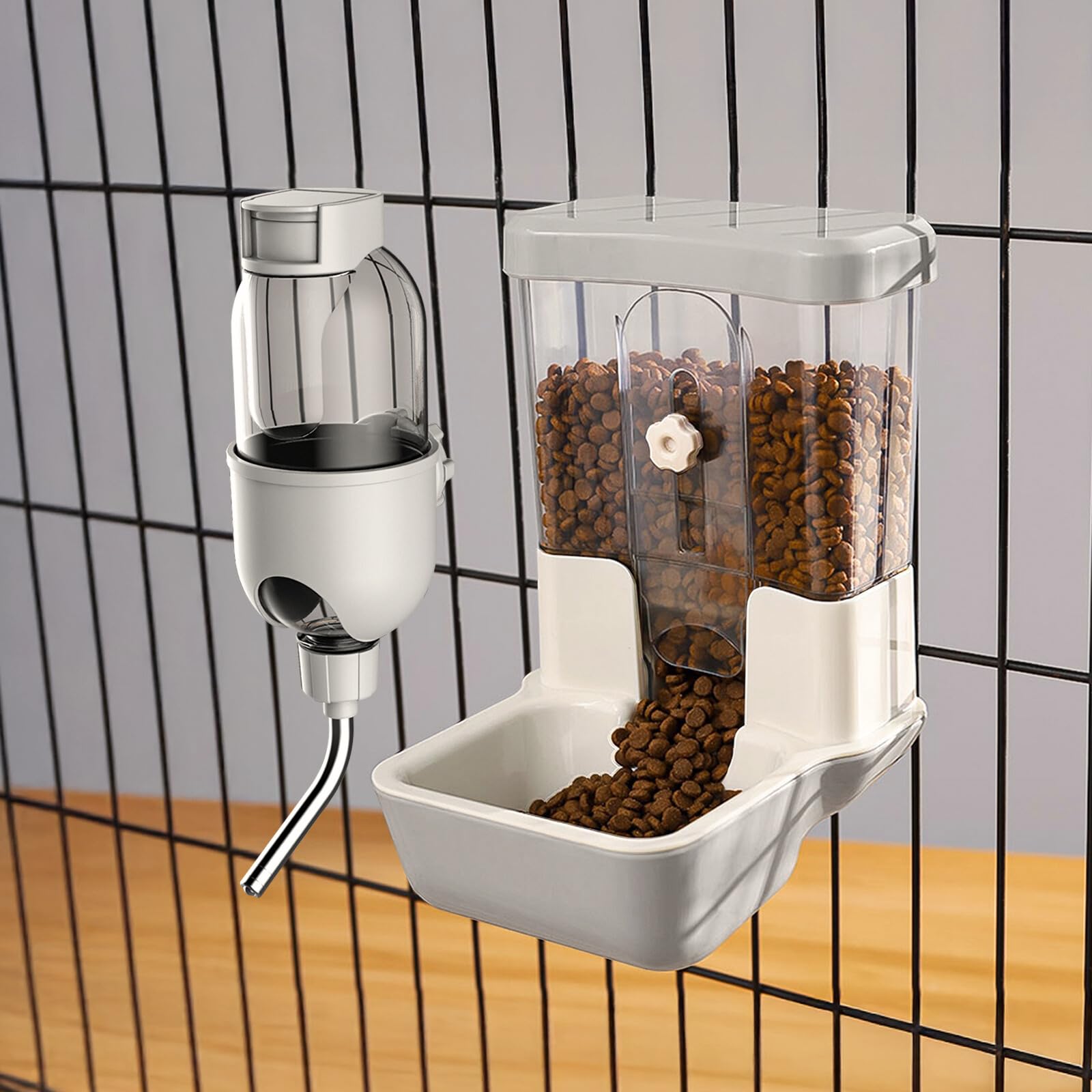 Dispensador Automático de Comida y Agua para Mascotas, Juego de Bebedero de Gravedad para Jaulas de Perros, Gatos, Conejos, Cobayas, Chinchillas, Hurones, Erizos (Gris)