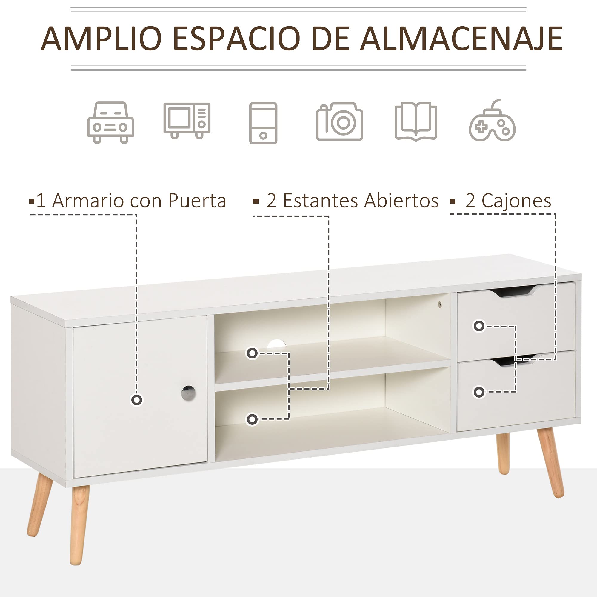 HOMCOM Mueble de TV para Televisiones de 50" Mesa de Salón Moderno con Puerta 2 Estantes Abiertos y 2 Cajones Carga 30 kg para Dormitorio Sala 120x28x44 cm Blanco