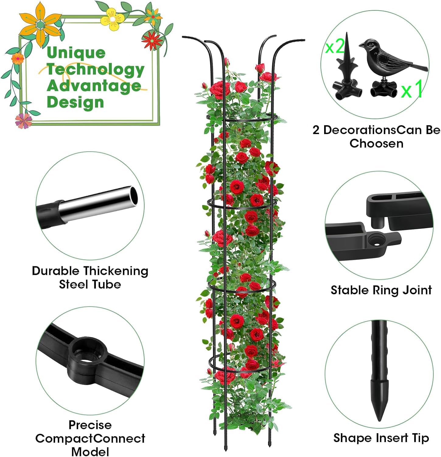 Tower Obelisk Garden Trellis for Climbing Plant，6.2FT/74.4" Rustproof Metal Potted Plant Climbing Support for Indoor Outdoor Flowers Vegetable Fruits Vines Support (2Pcs)
