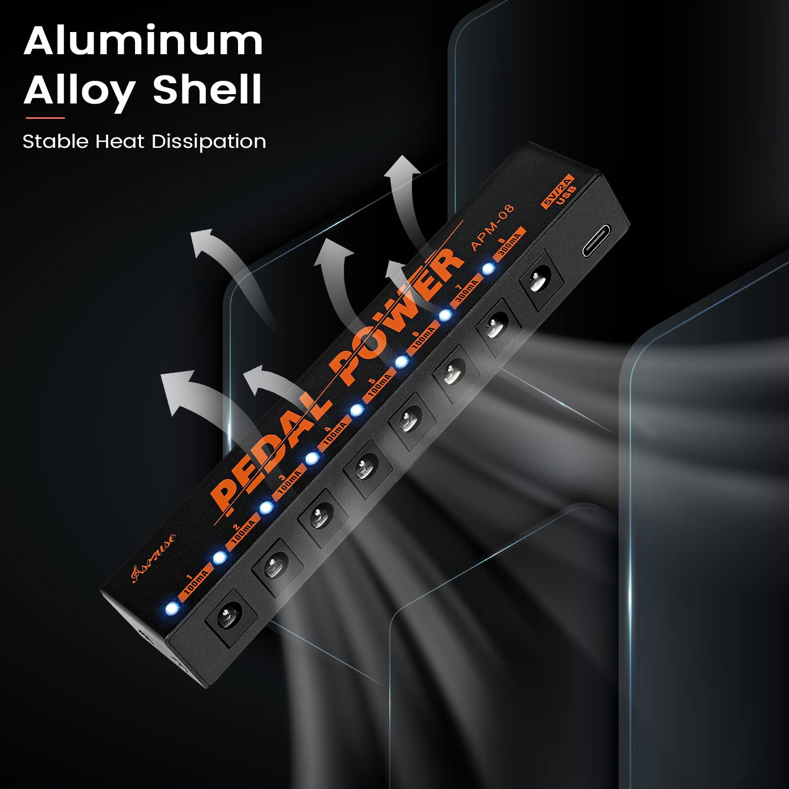 Asmuse Alimentatore Pedali per Chitarra con 8 Uscite DC per Pedali Effetti da 9V - Alimentatore per Pedaliera Chitarra con Protezione da Cortocircuito e Sovracorrente