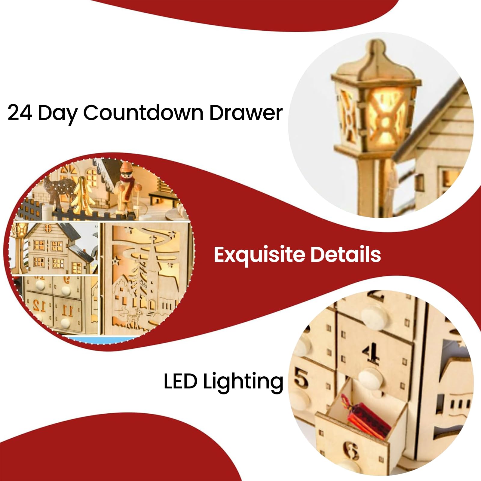 Calendario De Adviento De Madera Con 24 Cajones,Luces LED y Música (A)