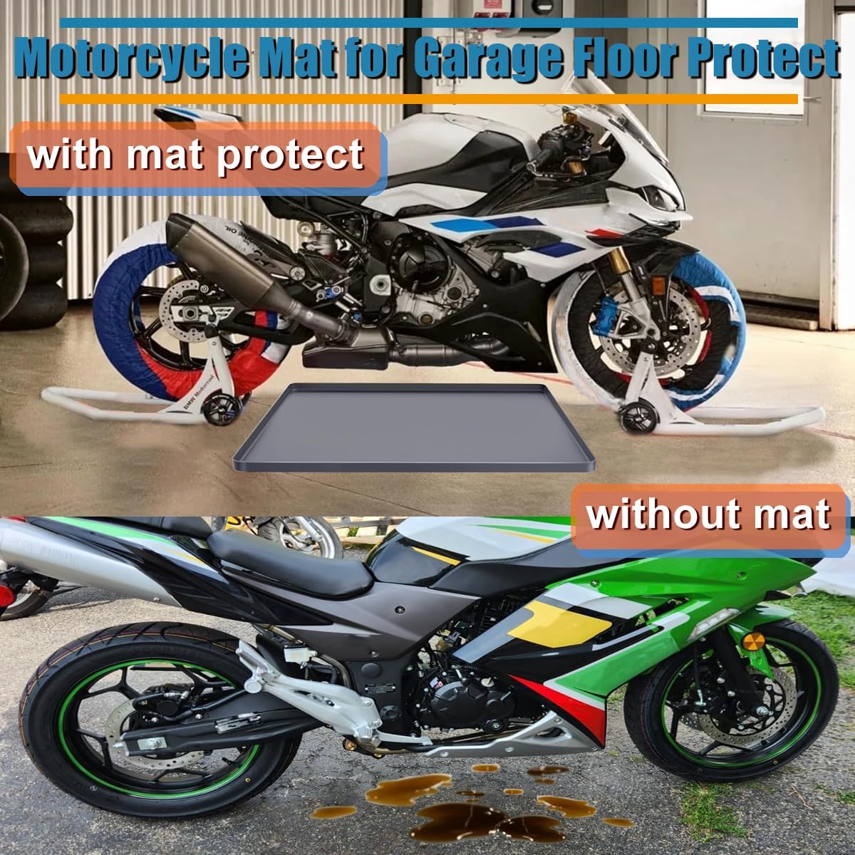 Motorcycle Mat Motorcycle Oil Spill Mat Oil Drip Pan Under Car, Garage Floor Mats Soft Silicone Bike Mats with Raised Edge, Liquid Drain Pan Motorbike Tray, Liquid Catch Parking Pad For Leaks Non-Slip