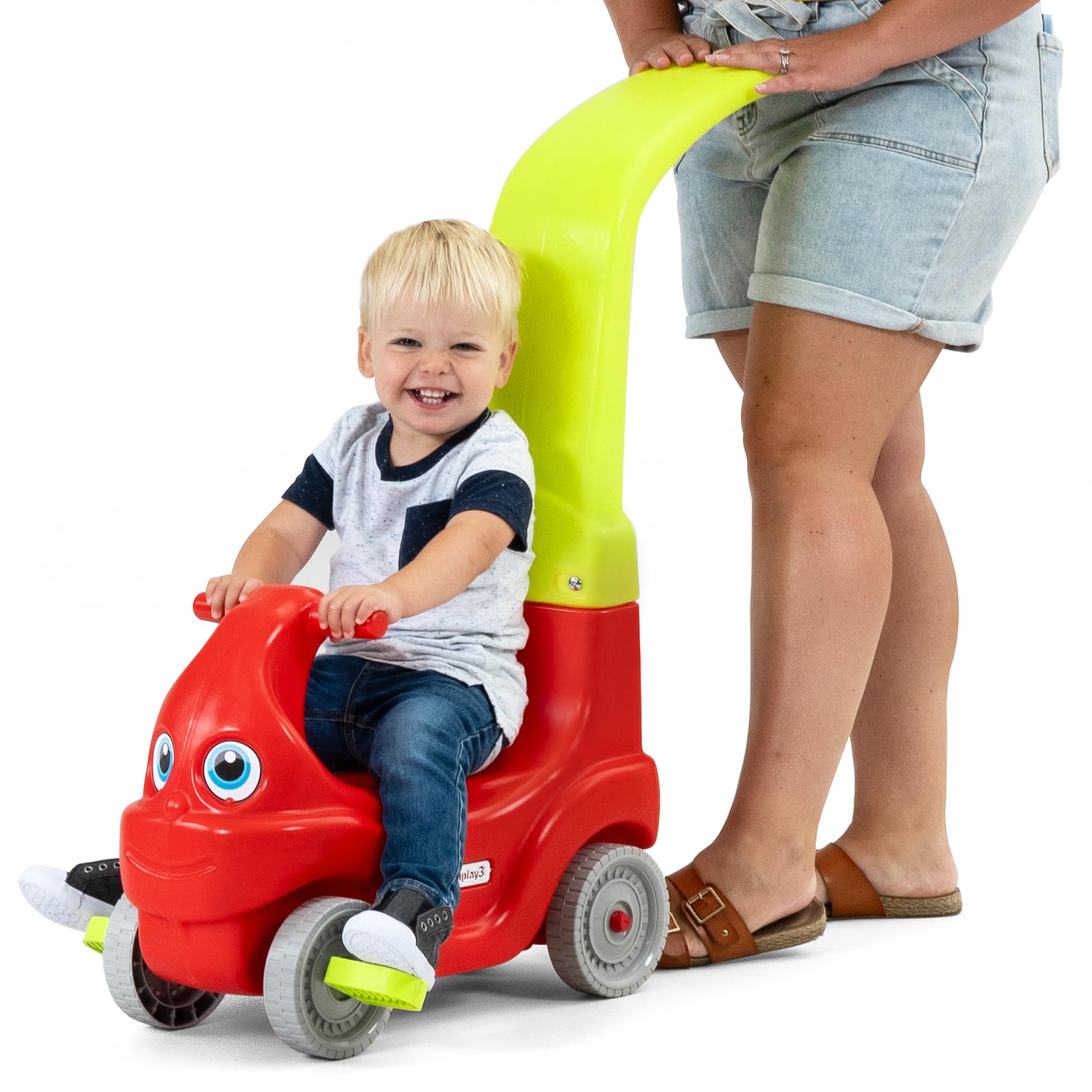 Simplay3 Convert-a-Coupe Push Along Riding Car for Toddlers and Kids Ages 2-5 Years, Red and Lime Yellow Parent Push Car Converts to Toddler Ride-On Car