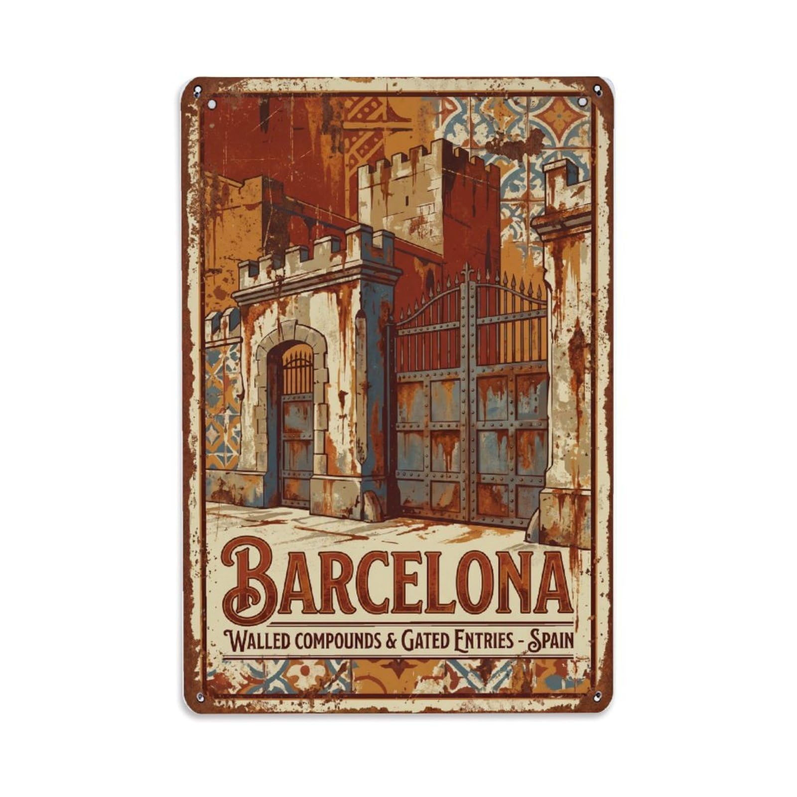Fqnyr Style Vintage Travel Compounds Spain Walled Metal Tin Sign Plaque Wall Decor For Cafe, Club Bar, Office, Home Garden Metal Poster 8X12inch
