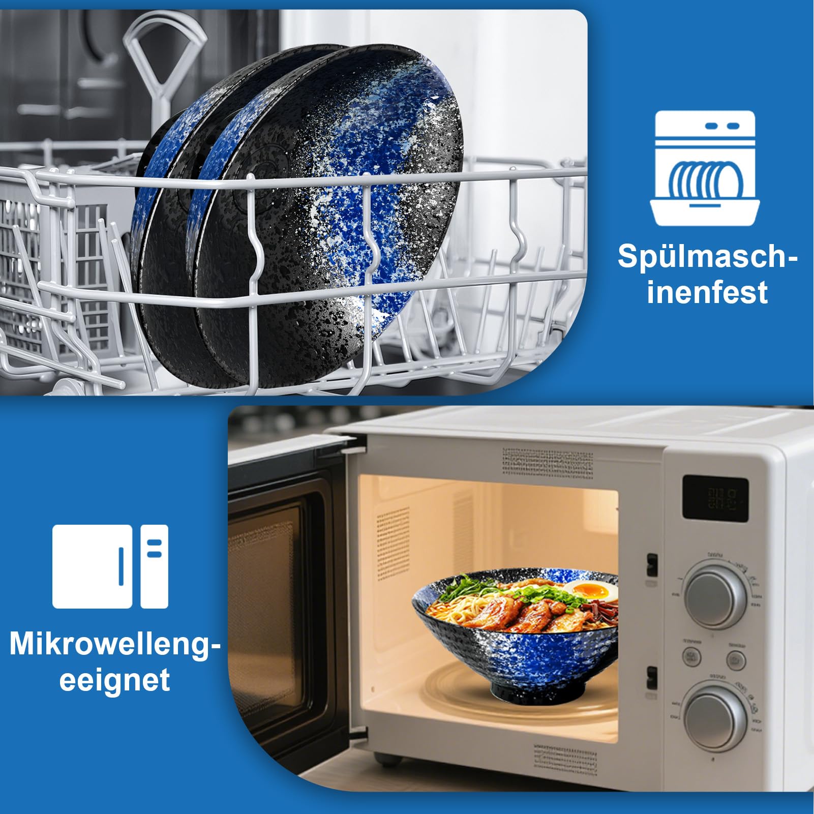 8 Zoll Ramen Schüssel Set 4 Japanisches Keramik Bowl Suppenschalen 16 Stück | Geschirr mit Stäbchen Gabeln Löffeln für Nudeln Suppen Salat Pho Müsli Mikrowelle Spülmaschinenfeste Geschenke für Mann Frau