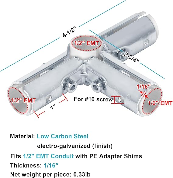 12 Sets 4 Way Cross T Pipe Fitting Connector, Fits 1/2 EMT Conduit | with PE Adapter Shims