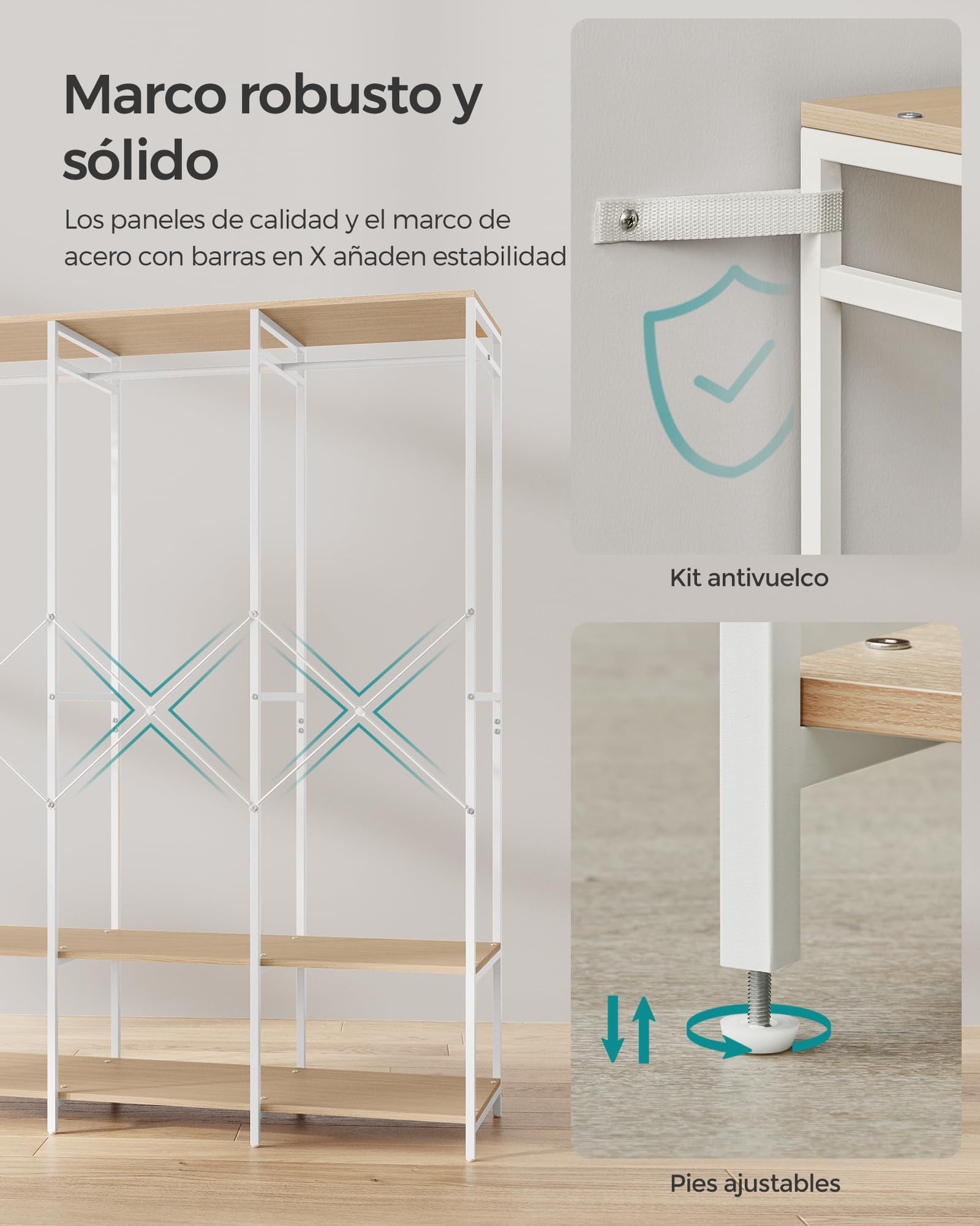 SONGMICS Armario de Ropa Portátil, Armario Plegable, Perchero, Organizador Armario, con Barras de Colgar, Estantes de Almacenamiento, Ganchos Extraíbles, 40 x 141 x 180 cm, Beige Natural RGR005W67