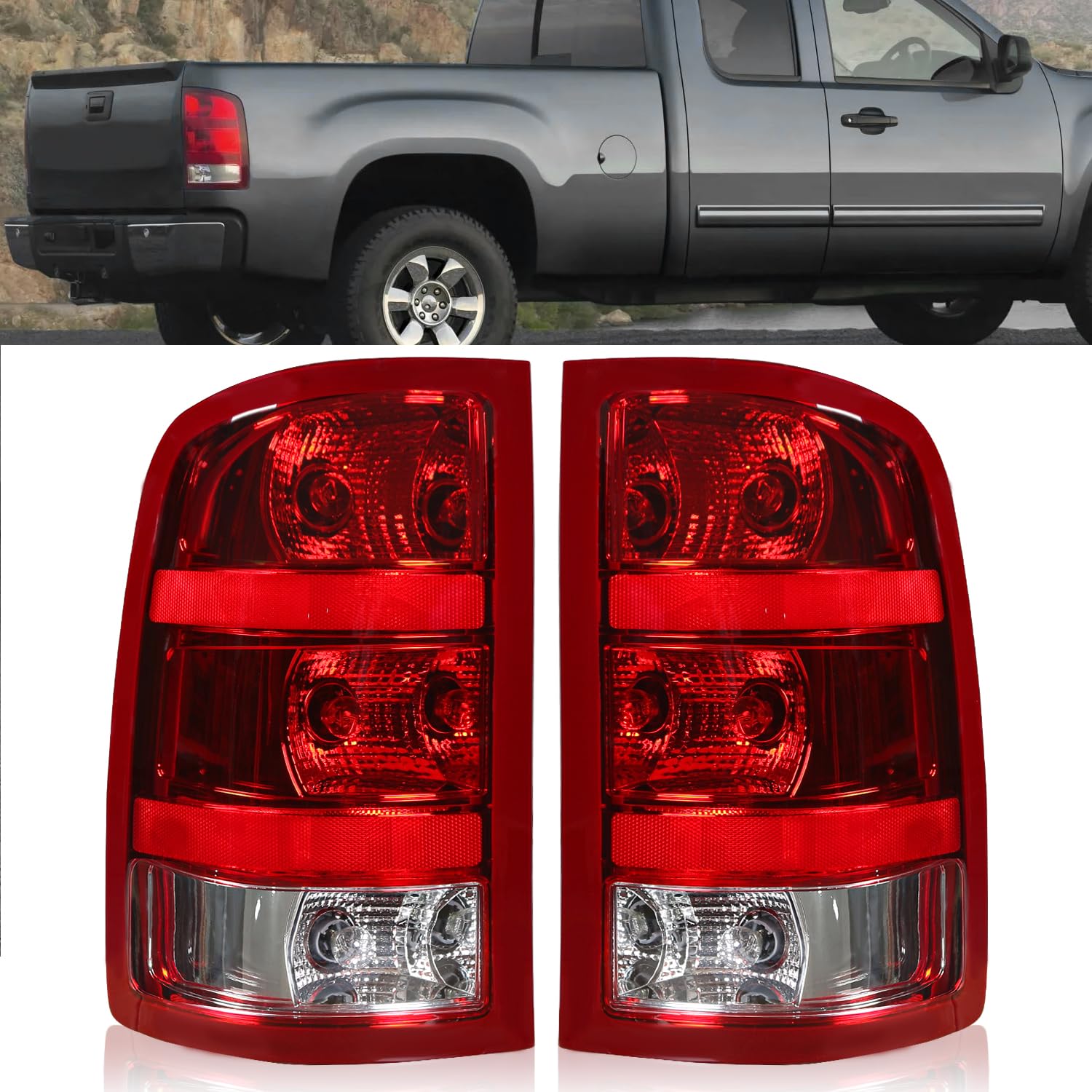 Halogen Tail Light Assembly Fit for GMC Sierra 1500 2500HD 3500HD 2007-2013, Pair of Rear Lamp Left Driver and Right Passenger Side, Red Lens Brake Light for GM2800208 GM2801208
