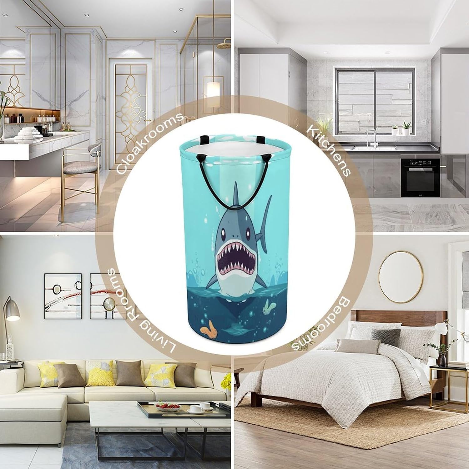 Cartoon Shark Floating in Water Laundry Basket 86L Laundry Hamper | Collapsible Clothes Hamper with Reinforced Handles Waterproof Tall Foldable Dirty Clothes Basket for Hotel, Home, Closet
