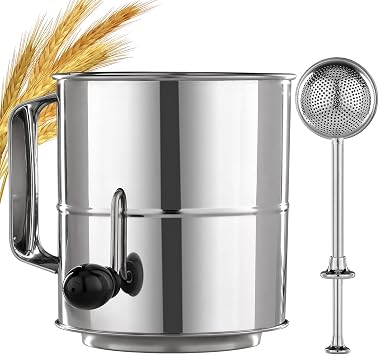 PIQUEBAR Flour Sifter - 5 Cup Fine Mesh Hand Crank Sifter Stainless Steel with Agitator Wire Loop for Baking, Powdered Sugar Duster Set