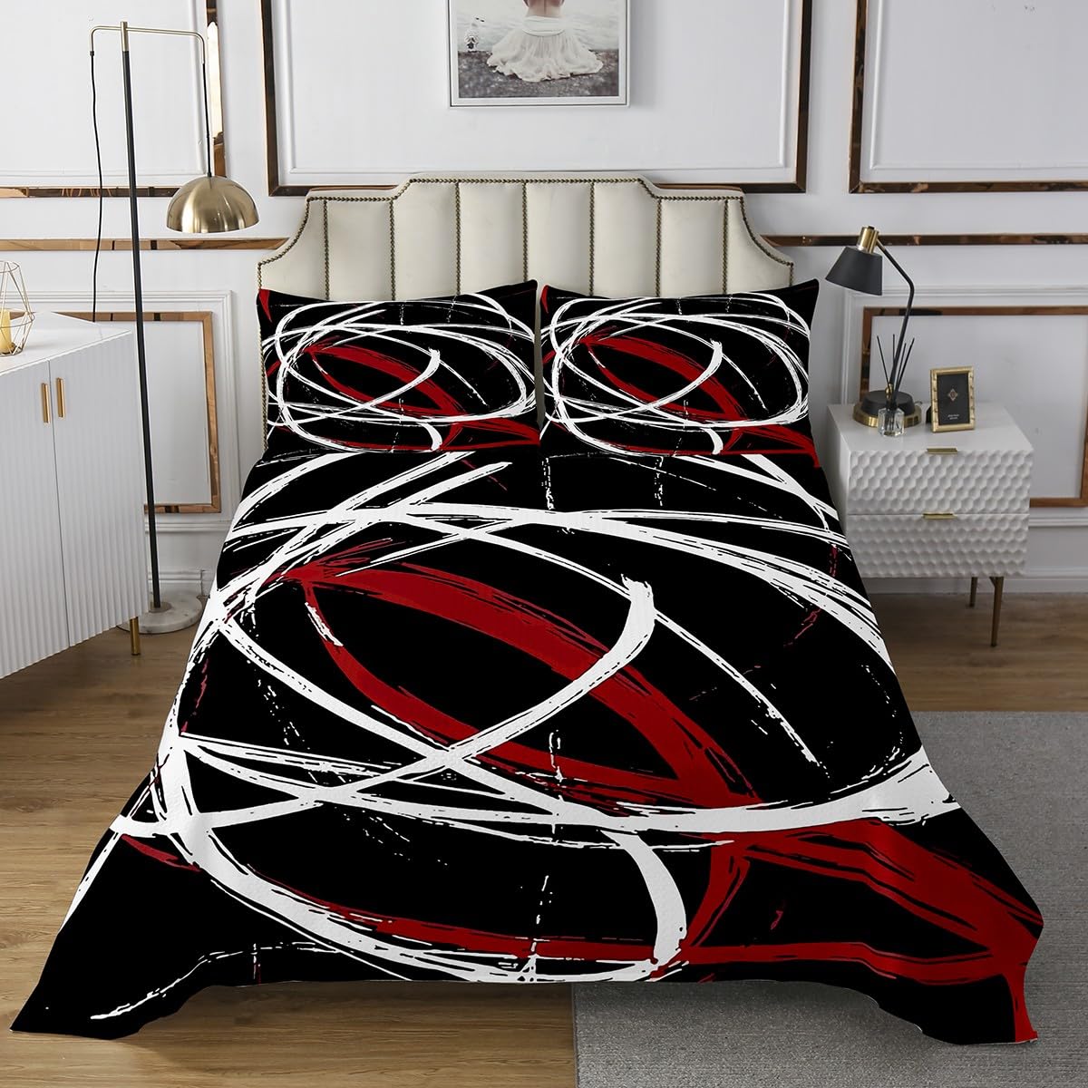jejeloiu Kids Geometry Bedspread Queen Size, Red Gray Black Coverlet Set Boys Girls Stripe Line Art Quilted Coverlet Teens Bedroom Decor 3Pcs