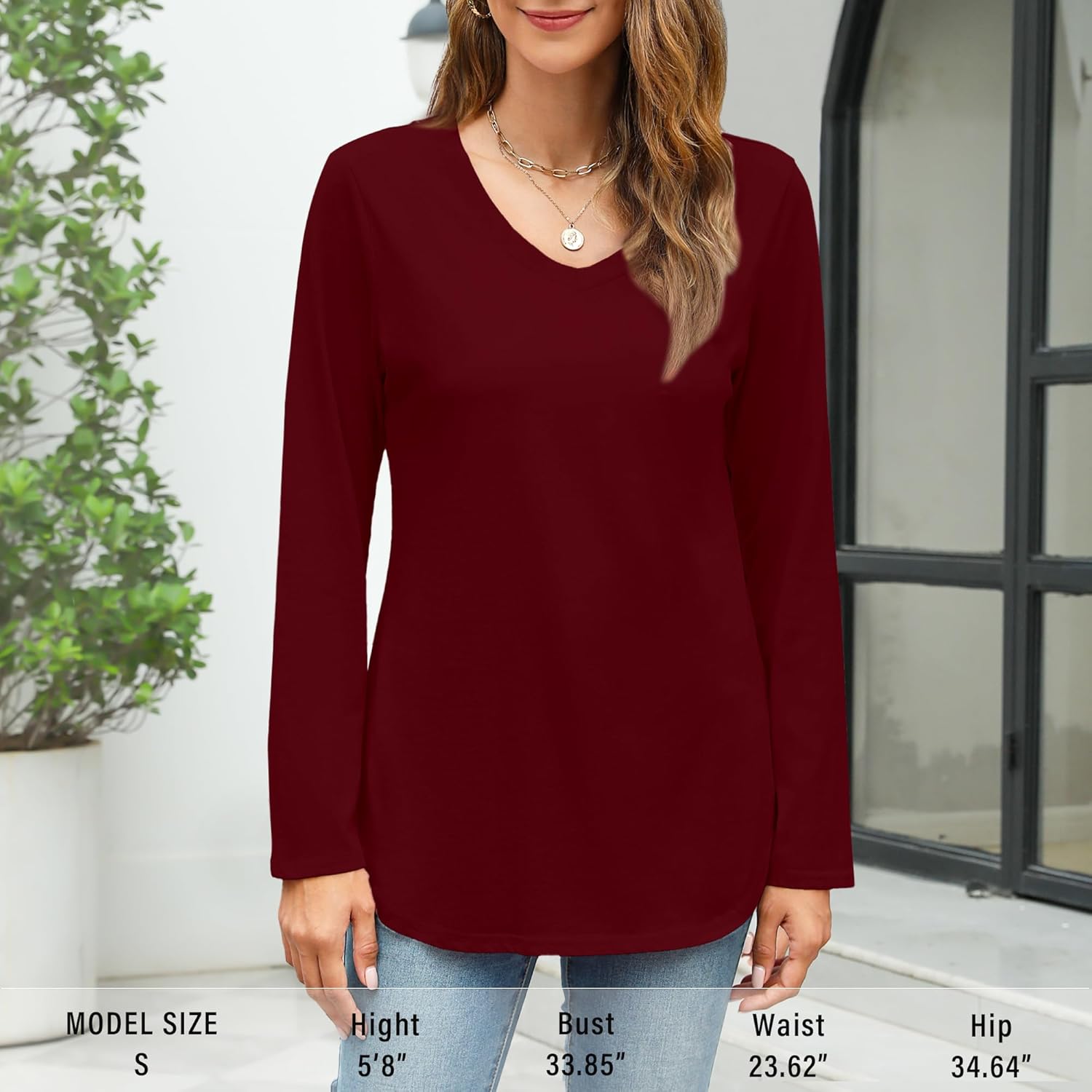 Elesomo Womens T Shirts V Neck Summer Short/Long Sleeve Cotton Tops Tees - Image 3