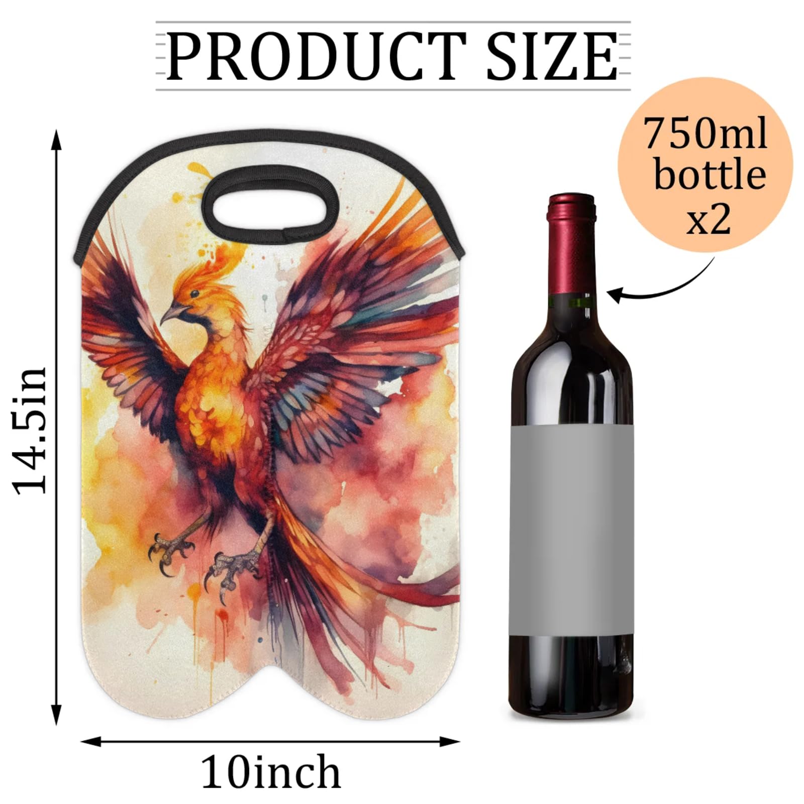 GzLeyigou 2 Bottles Phoenix Wine Bag Sleeve Totes Bird Neoprene Protective Wine Carrier Bag for Wine,Water, Champagne, Beer, Baby Bottles,Gift 14.5 x 10 Inches