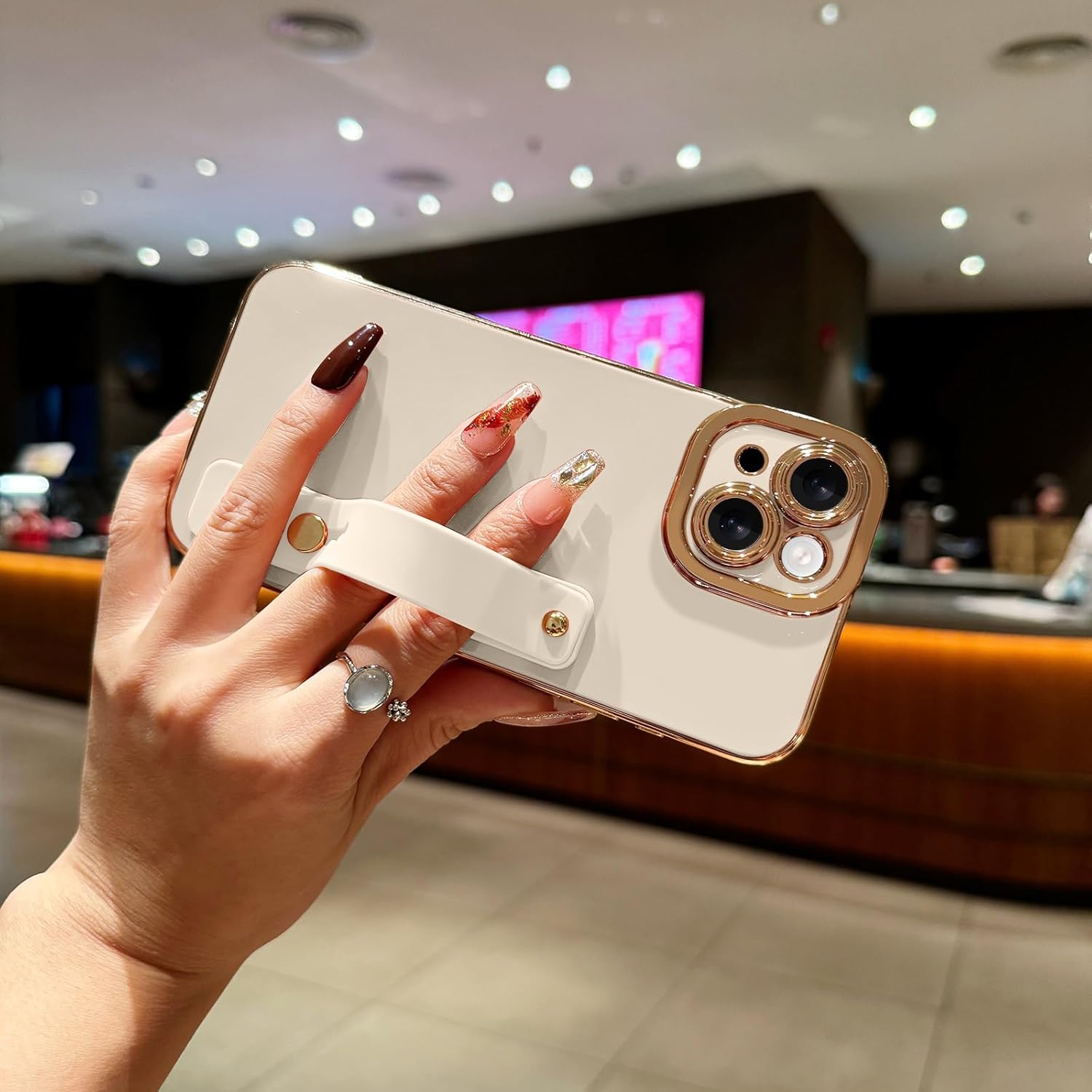 Lafunda for iPhone 14 Plus Case Cute, Luxury Gold Plated for Women Girls Elegant TPU Bumper Cover with Wrist Strap Kickstand Camera Protection Shockproof Silicone Phone Case for iPhone 14 Plus, White - Image 2