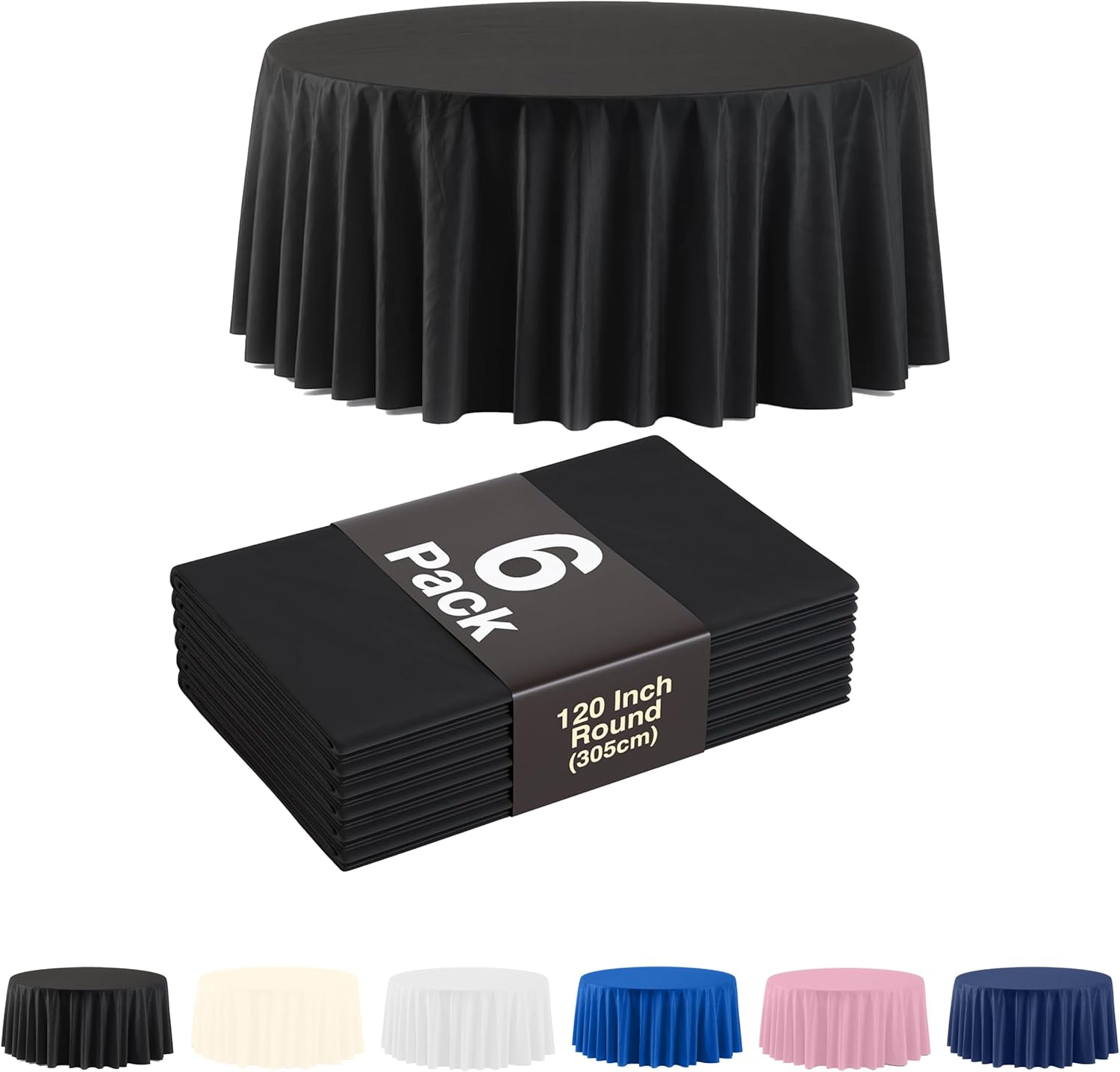 Party Solids Pack Of 6, Black Plastic Table Cloth - 120 Inch Round Disposable Tablecloth for Parties - Round Tablecloth - Disposable Table Cloths for Parties