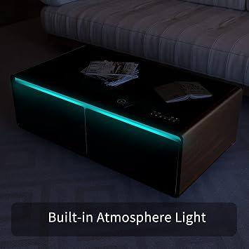51in Smart Coffee Table with Built in Fridge, Living Room Table Bluetooth Sound and Wireless Charging, Type-C & USB Interface, Temperature Control, Modern Center Table with LED (Black/Brown)