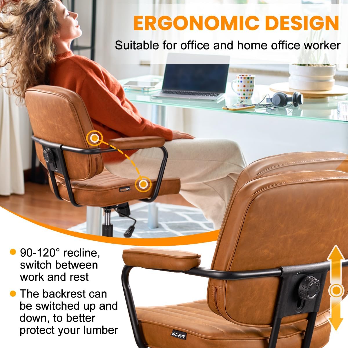 Artswish Mid Century Office Chair - Leather Desk Chair with Wheels, Arms, Swivel & Height Adjustable Ergonomic Computer Chair for Home Office, Brown - Image 5