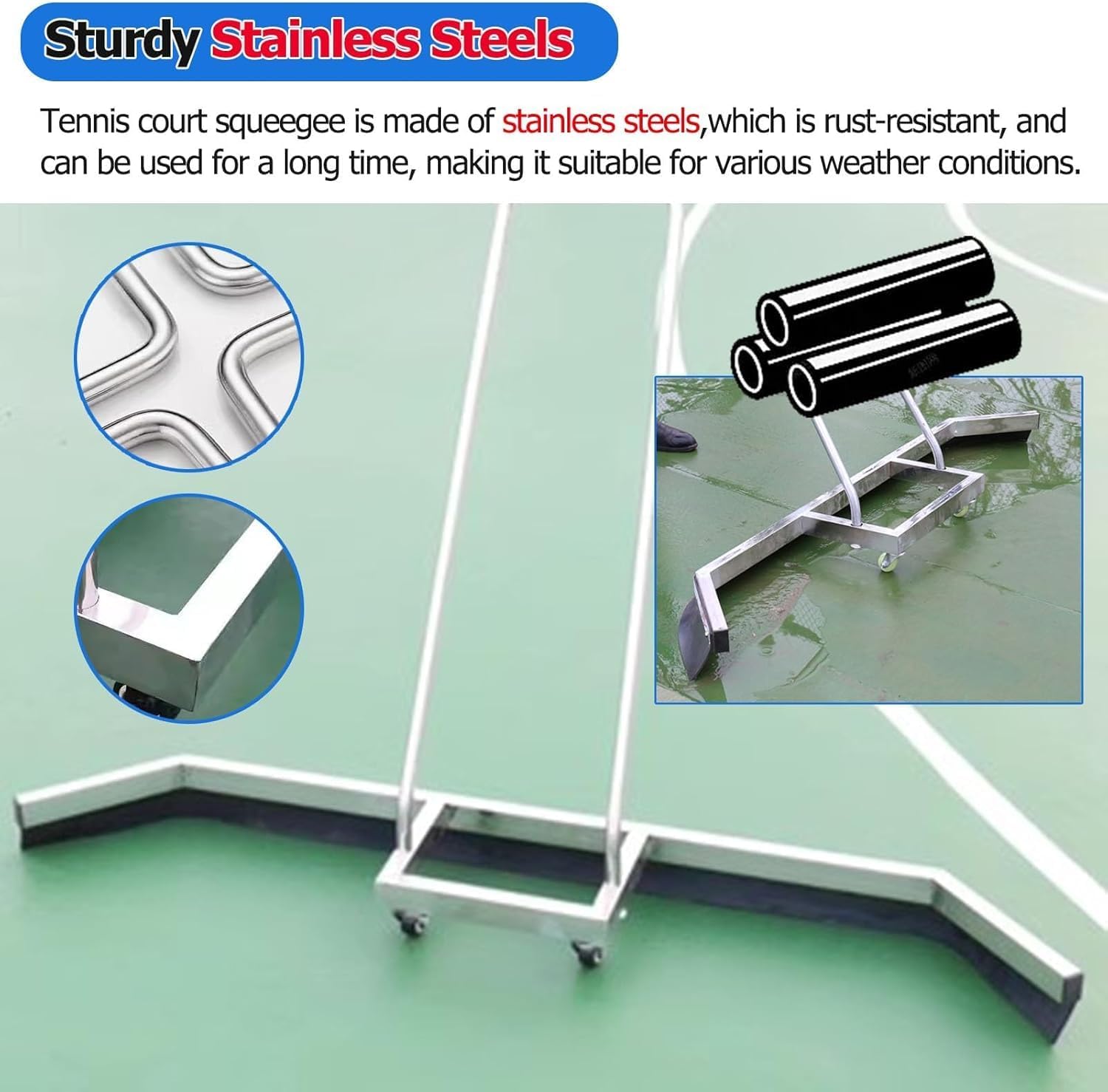 Tennis Court Squeegee to Remove Water, 150x120cm Squeegee Broom, Sweep Tennis Brush Equipment Accessories, w/Replacement Rubber Strip, for Parking Lot Gras,