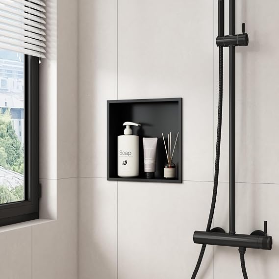 Shower Niche, Shower Niche Wall Insert, Black, 30 x 30 x 10 cm | 304 Stainless Steel, Waterproof Construction, Recessed Wall Installation, Built-In Bathroom Storage, Easy-to-Clean Surface
