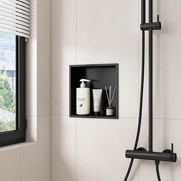 Shower Niche, Shower Niche Wall Insert, Black, 30 x 30 x 10 cm | 304 Stainless Steel, Waterproof Construction, Recessed Wall Installation, Built-In Bathroom Storage, Easy-to-Clean Surface