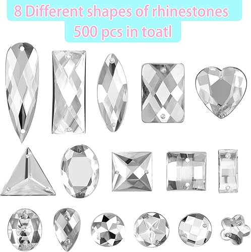 Miniatura 2 de 500 piezas de gemas de costura de acrílico con cristales de costura mezclados para coser en diamantes de imitación con 2 agujeros para la ropa