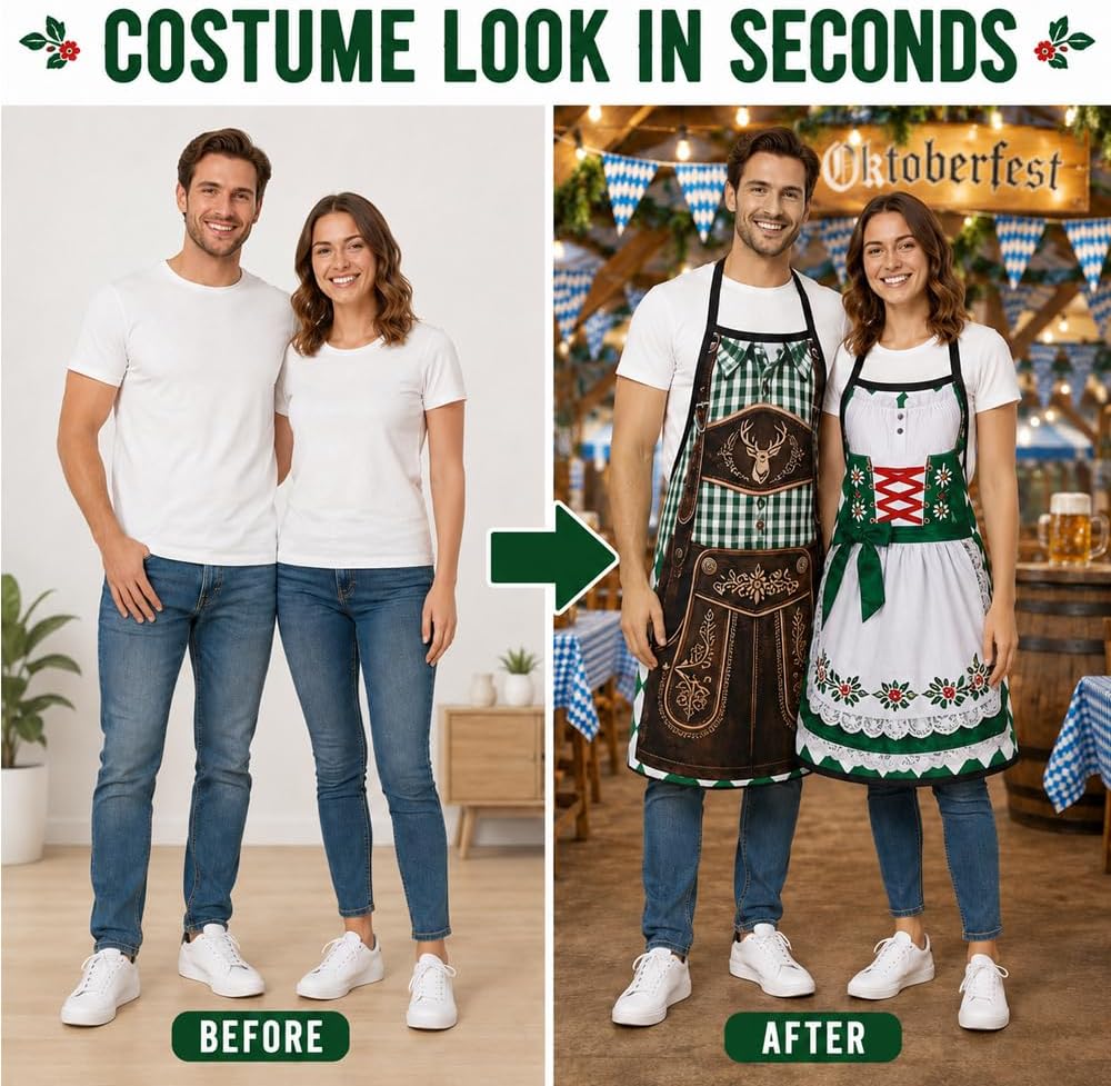 2 Pcs Oktoberfest Apron Set, Lederhosen & Dirndl Printed Kitchen Aprons