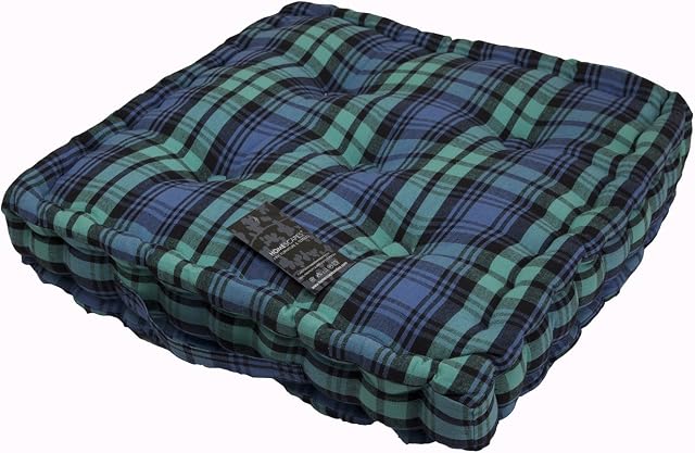 HOMESCAPES - Black WatchTartan - 100% Cotton - Floor Cushion - Green Blue Black - 40 x 40 x 8 cm Square - Indoor - Garden - Dining Chair Booster - Seat Pad Cushion