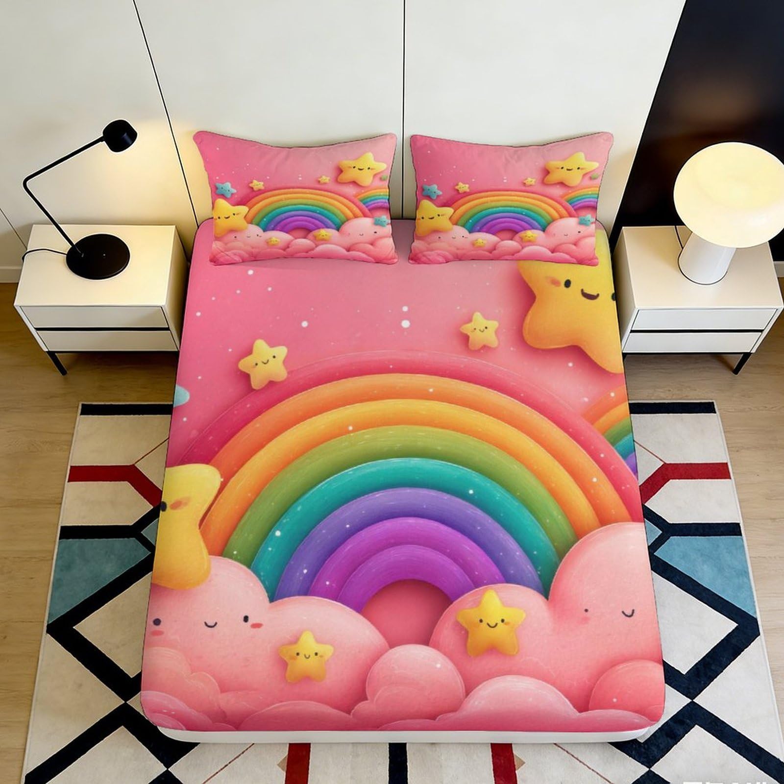 3D Printed Rainbow Clouds Fitted Sheet Microfiber Non-slip Mattress Cover for Bedroom Dorm Decor Easy Care 90x200x25cm