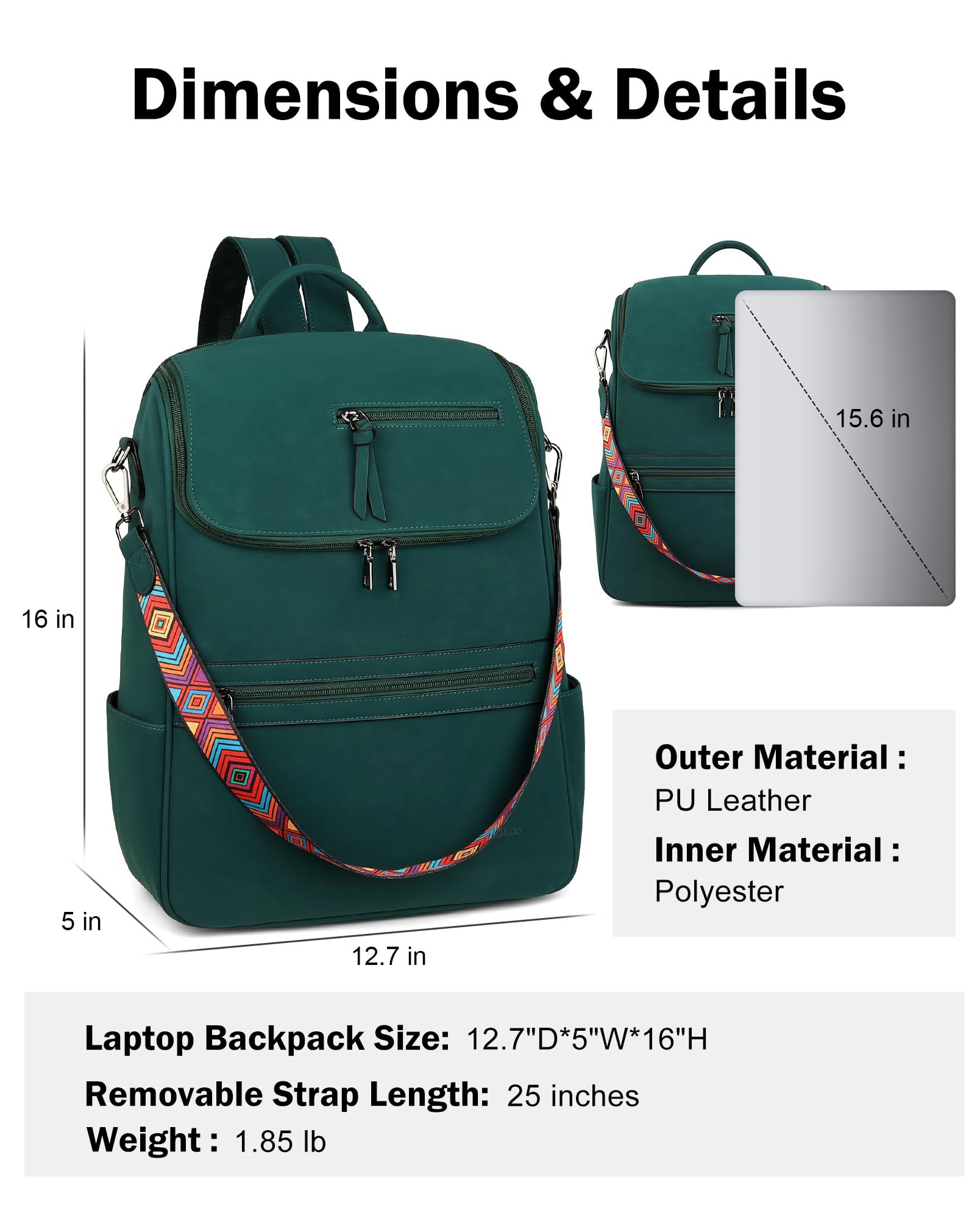 FADEON Zaino per computer portatile da donna, in pelle, con scomparto per laptop, borsa a tracolla in PU di design