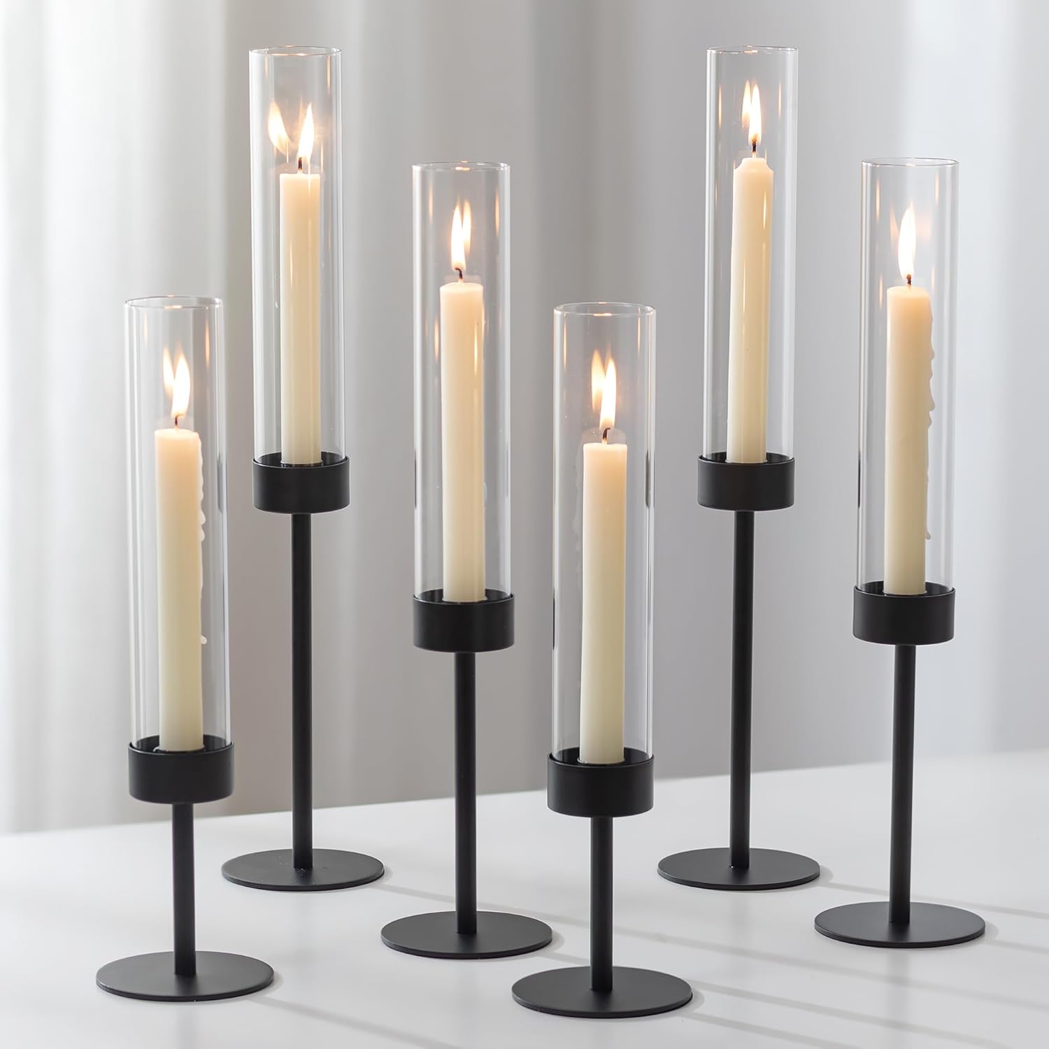 Romadedi Black Candlestick Holders Hurricane - Metal Taper Candle Holder Bulk Tall Windproof Glass Cylinder for Indoor Outdoor Table Centerpiece Christmas Halloween Modern Home Decor Set of 6