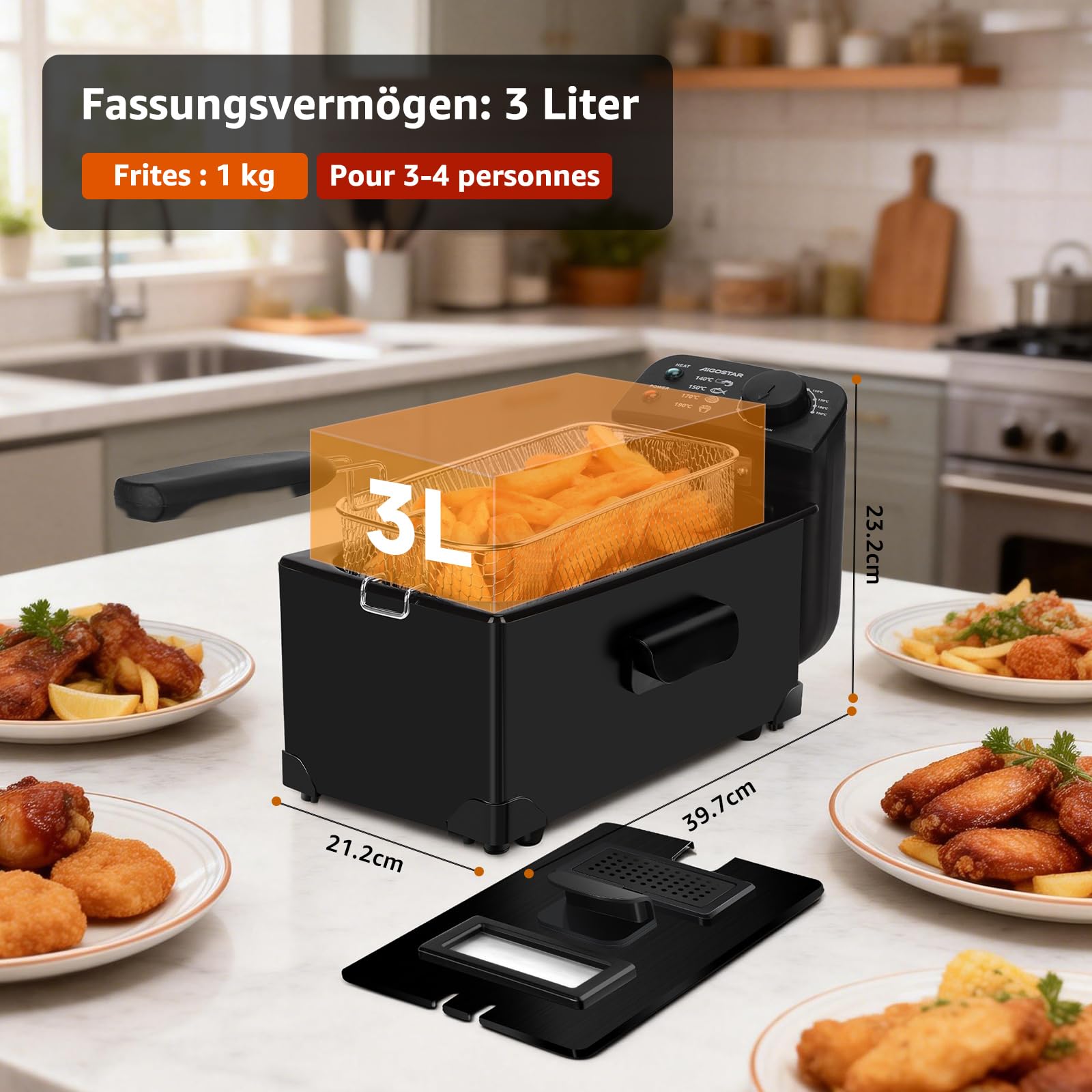 Aigostar Slater - Fritteuse mit öl-3L, 2200 W friteuse mit fett Staubschutzdeckel inkl. Sichtfenster, stufenloser Temperaturregler bis 190°C, Abnehmbare Teile, Einfach zu Reinigen, knusprige Pommes