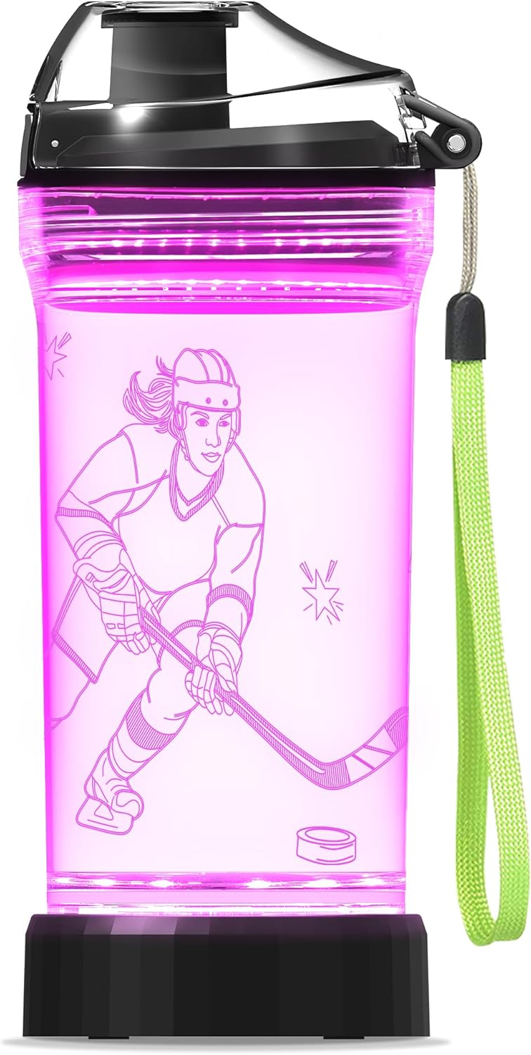 Hockey Accessories, Pack of 2, 3D Illusion Hockey Night Light with 16 RGB Colors Remote Control Timer + 14 OZ Tritan BPA-Free Light Up Kids Sport Water Bottle, Girs Birthday Gifts Sports Fans