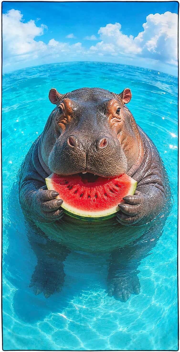 Hippo Beach Towel Oversized 36x72 Inches, Sand Free Quick Dry Soft Microfiber Animal Watermelon Towel for Men Women Beach Pool Travel
