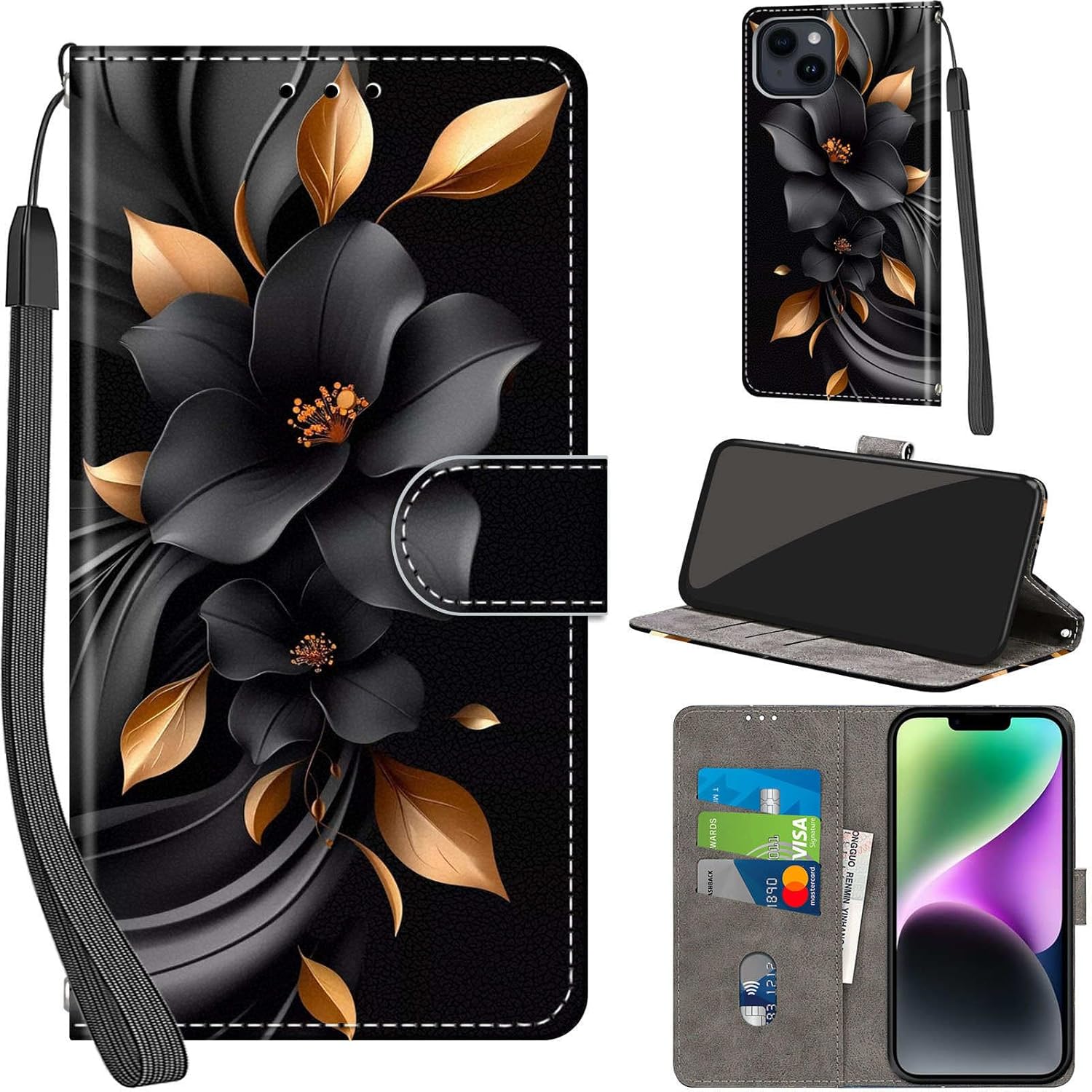Case Wallet for iPhone 15 Plus, [Kickstand] 3 Card Holder Stand [Shockproof TPU Interior Shell], PU Leather Magnetic Protective Flip Cover 6.7", Black Flower - Image 3
