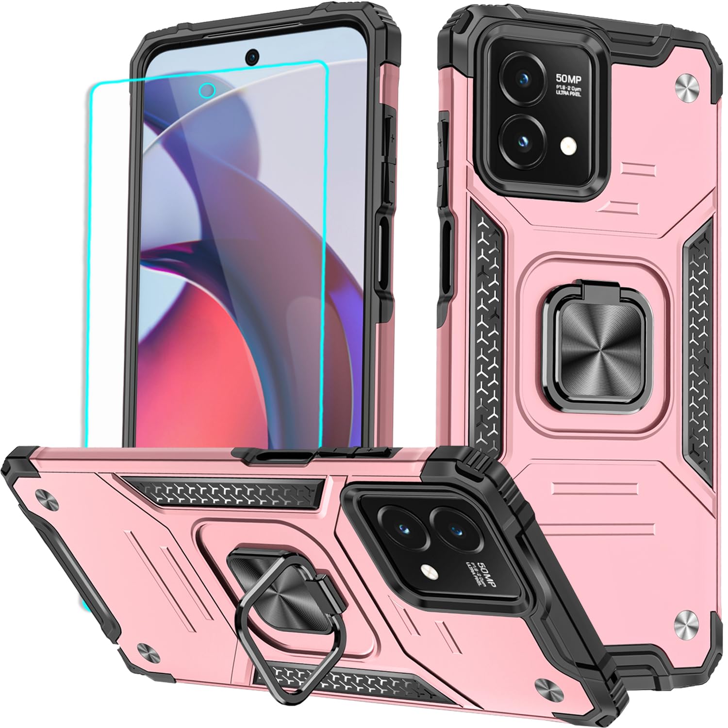 for Moto G Stylus 5G 2023 Case : Screen Protector Military Grade 360° Rotatable Kickstand Shockproof Protective Cases for - Moto G Stylus 5G 2023 (Rose Gold)
