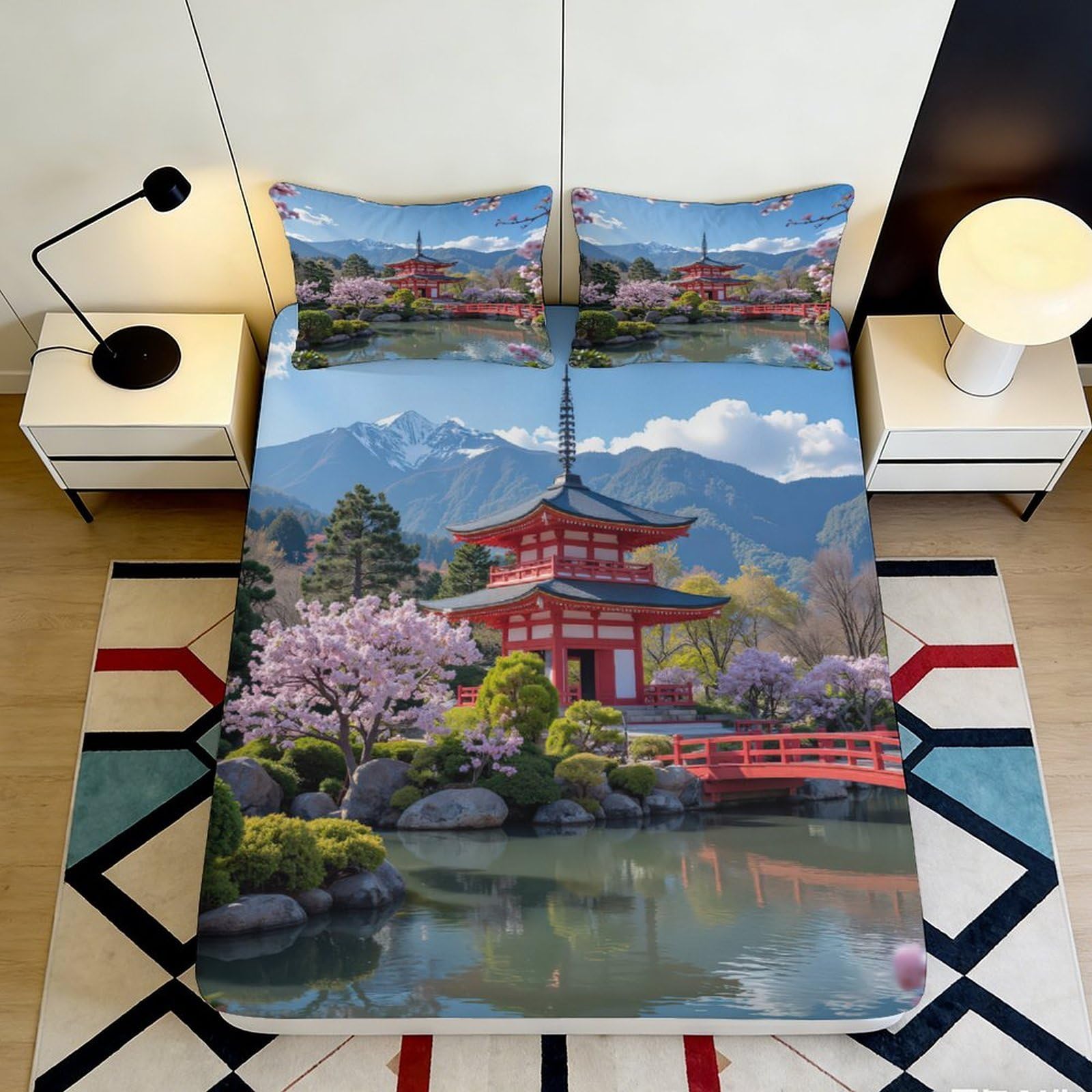 3D Printed Japanese Pagoda Fitted Sheet Microfiber Soft Breathable Sakura Lake Mattress Cover for Bedroom Decor 180x200x25cm