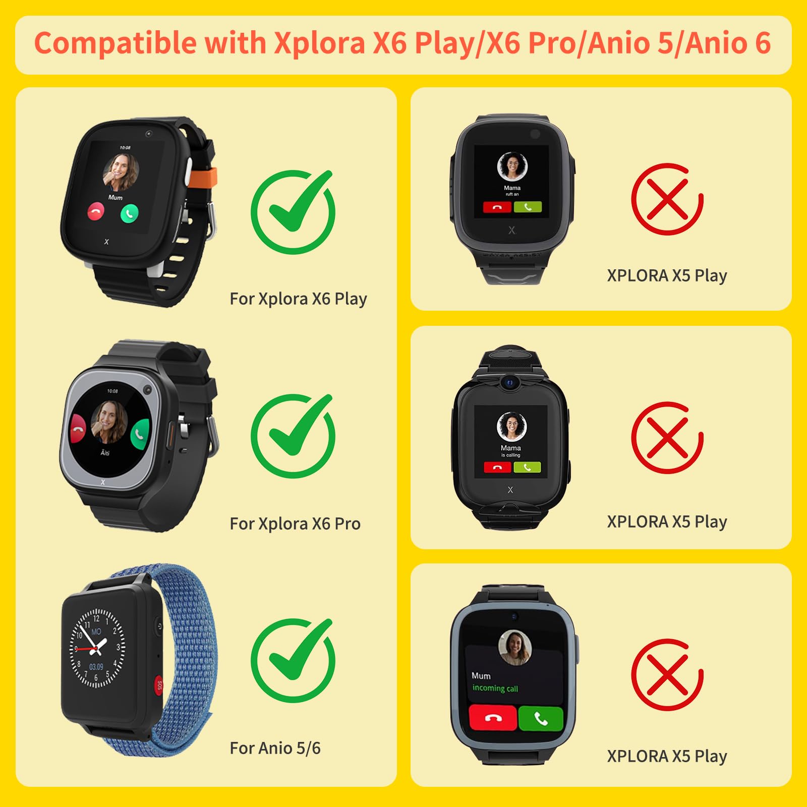 chinbersky 5 sztuk nylonowych bransoletek typu loop, kompatybilne z Xplora X6 Play / Anio 6, dla dzieci, smartwatch, zapięcie na rzepy, dla dziewcząt i chłopców, regulowany, pleciony pasek do Xplora