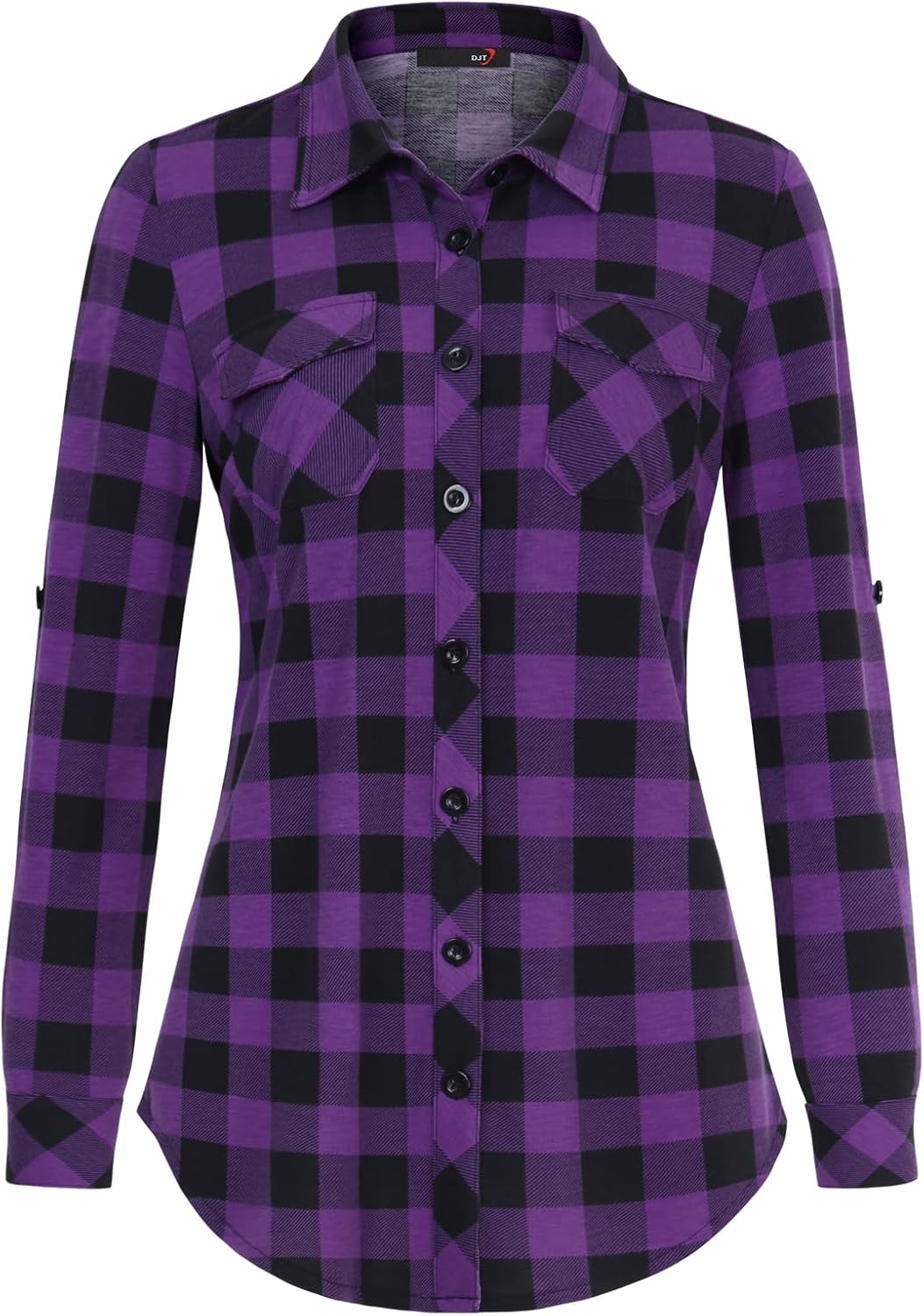 DJT Womens Soft Stretchy Knit Plaid Shirts Roll Up Long Sleeve Collared Button Down Blouses Tops - Image 2