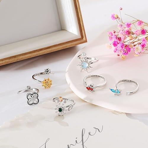 Miniatura 7 de 6 anillos para la ansiedad para mujer, anillos abiertos ajustables, anillos giratorios para calmar el estado de ánimo, anillos de mariposa con